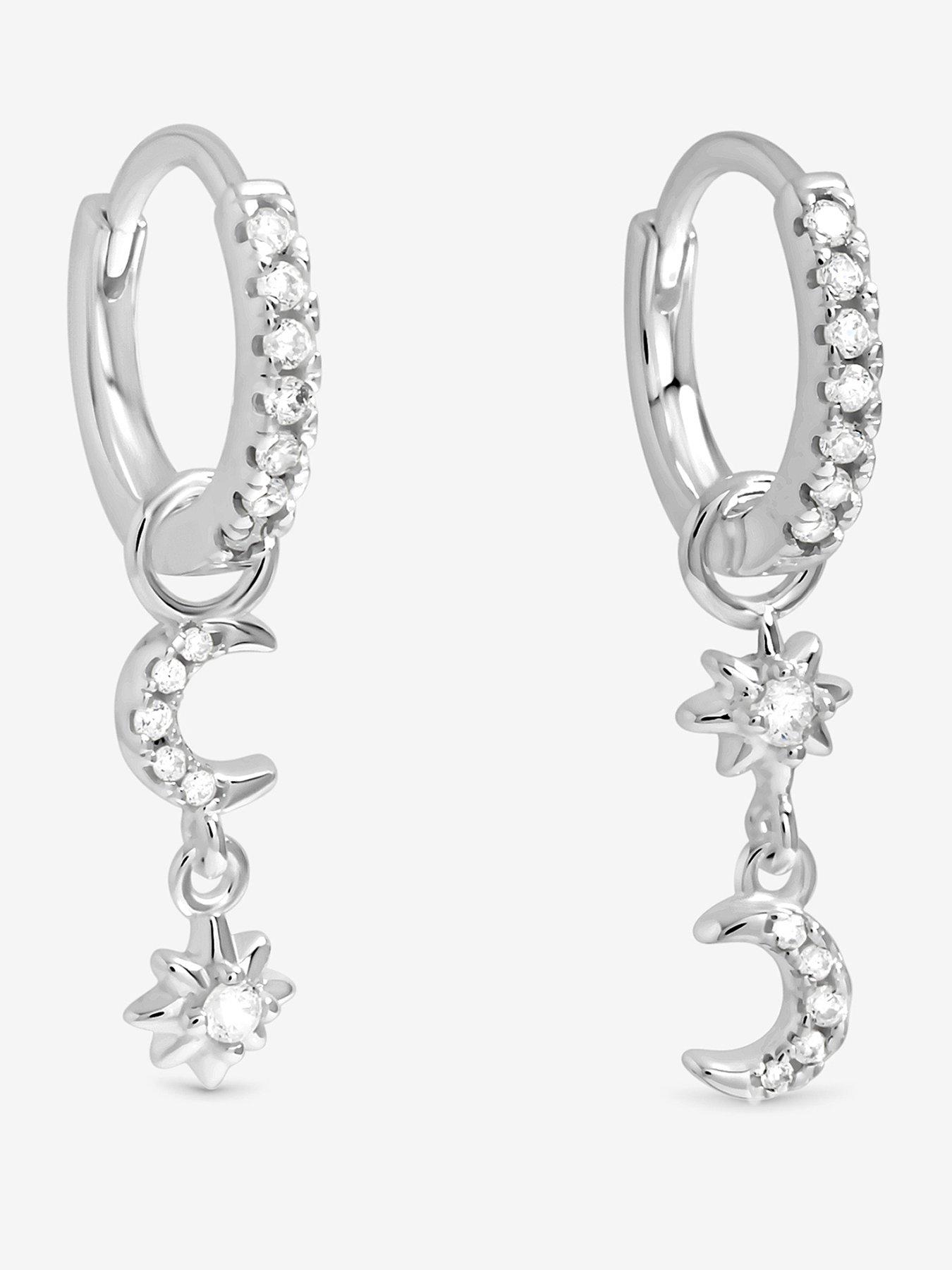Jon Richard Simply Silver Sterling Silver 925 Pave Mismatch Celestial Hoop Earrings
