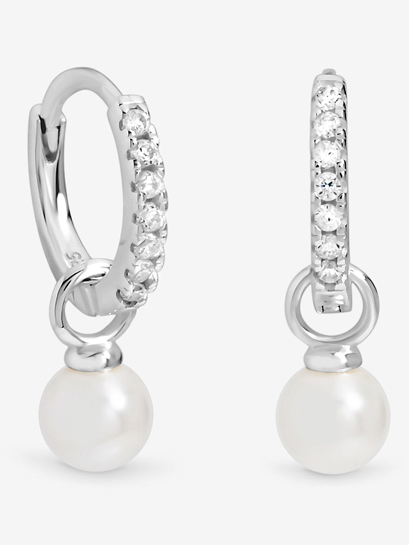  image of jon-richard-simply-silver-sterling-silver-925-cubic-zirconia-pave-pearl-hoop-earrings