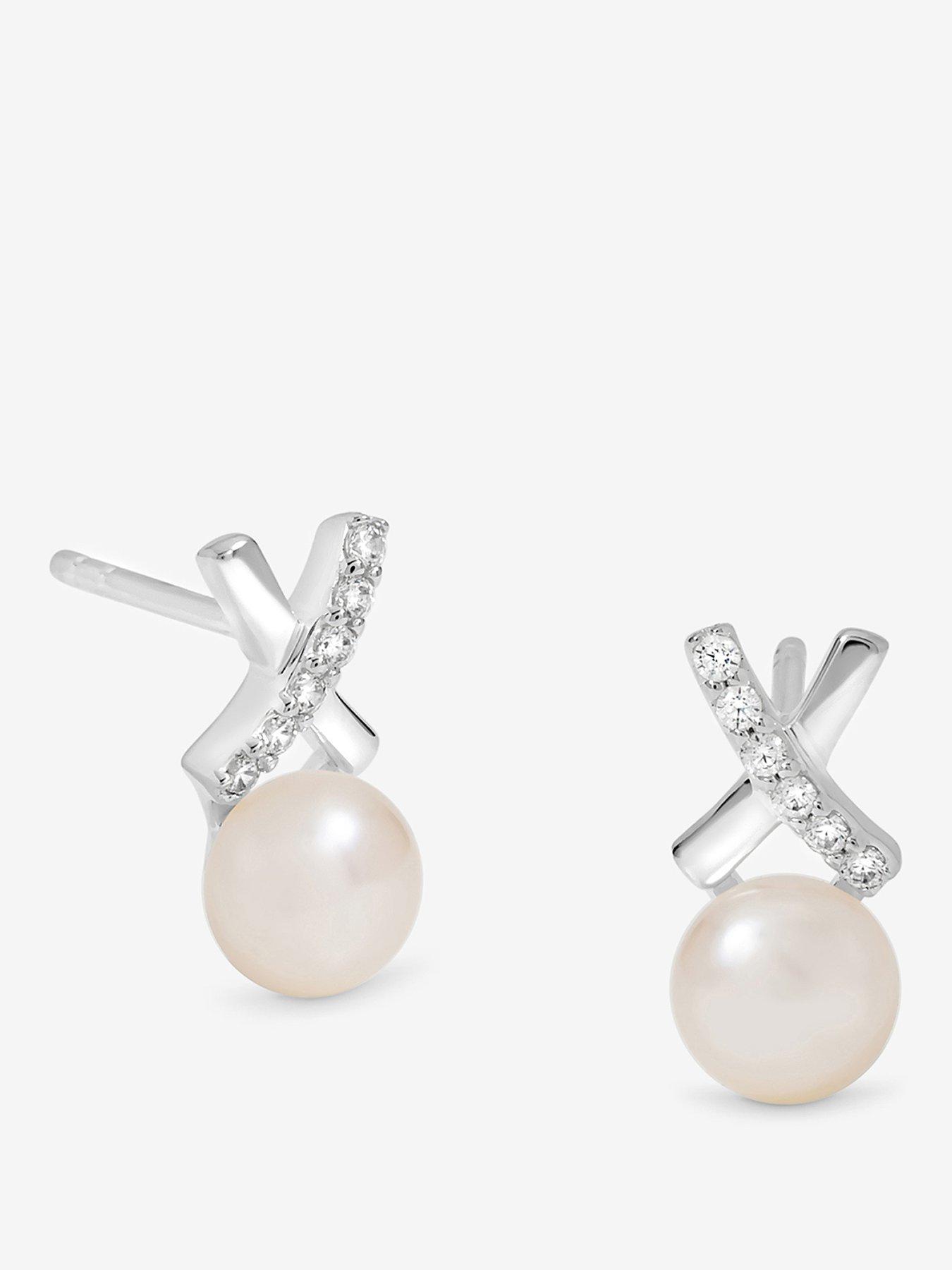 Jon Richard Simply Silver Sterling Silver 925 Polished and Pave Kiss Pearl Stud Earrings