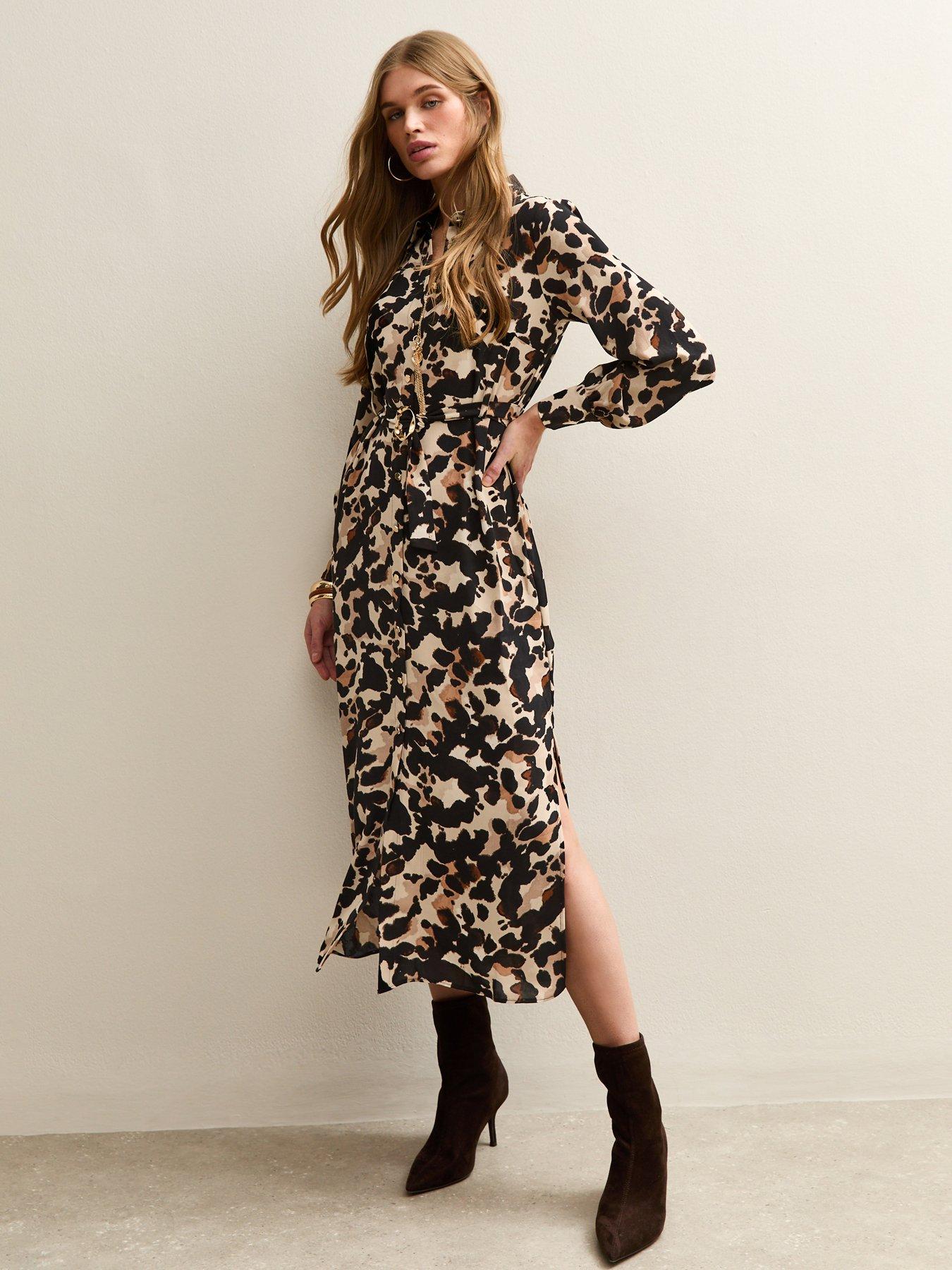 New Look Animal Print Buckle Shirt Midi Dress - Brown