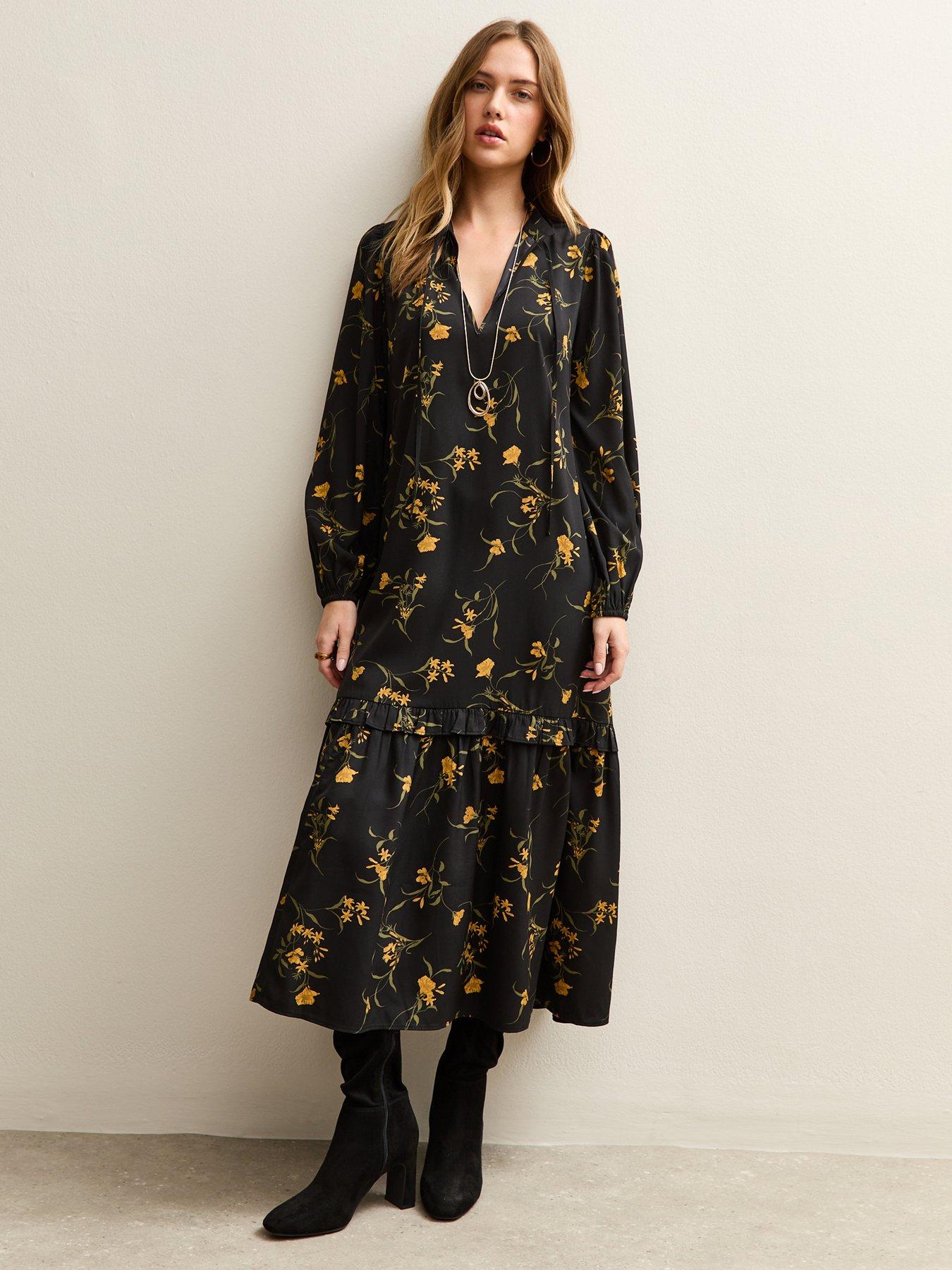 New Look Botanical Crepe Smock Midi Dress - Black