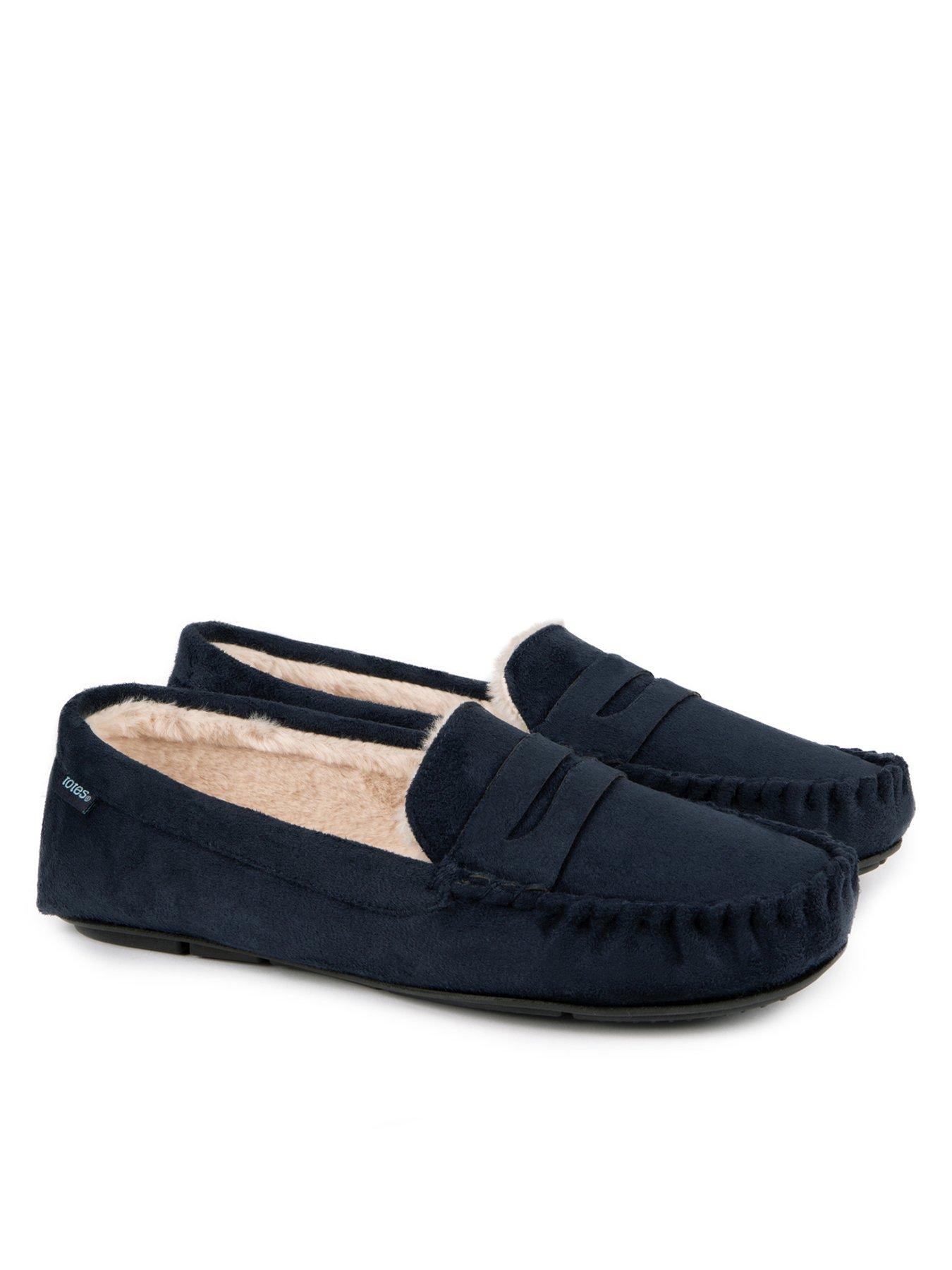 TOTES Toasties Mens Suedette Moccasin Slipper With Faux Fur Lining - Navy
