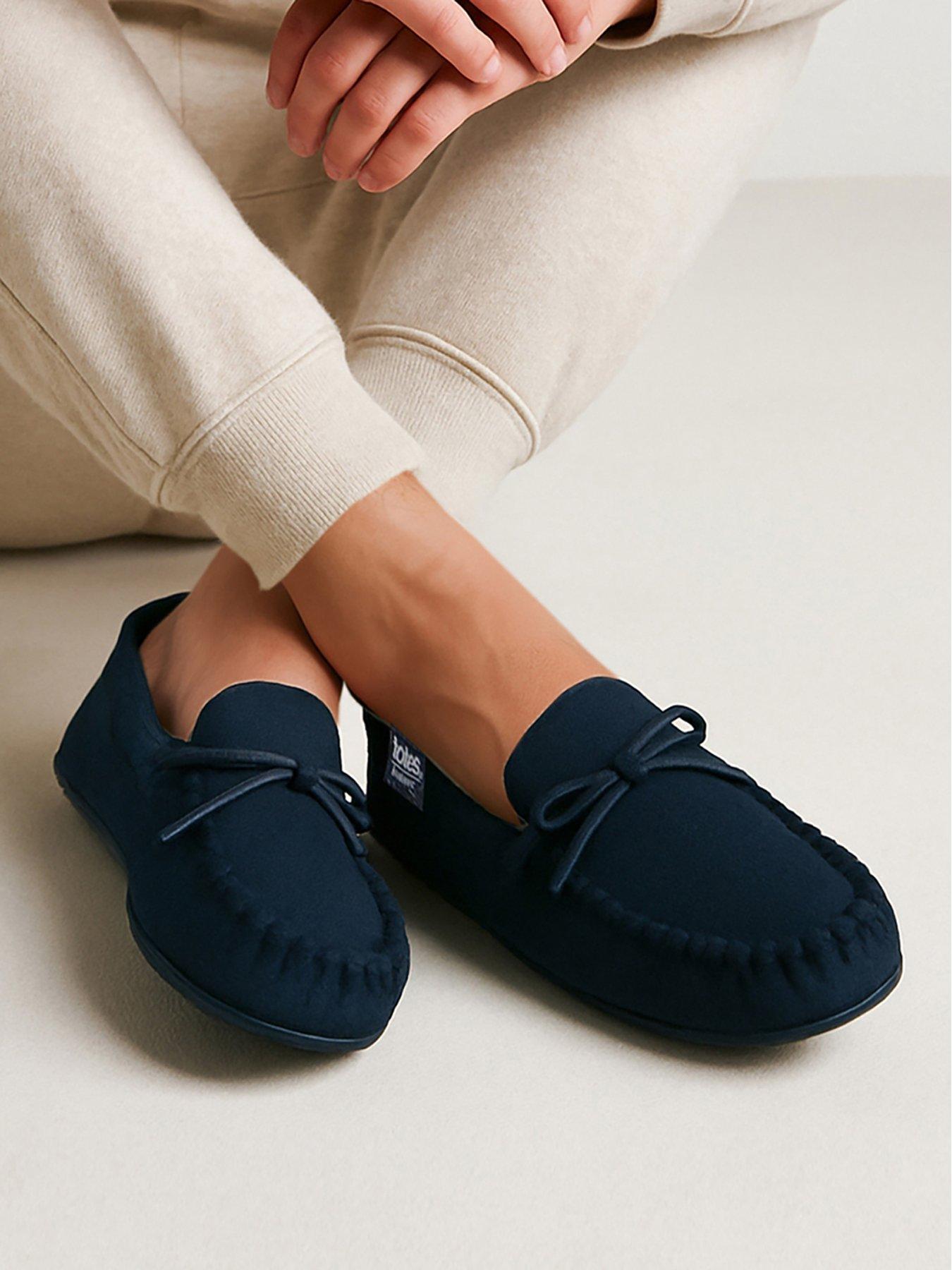  image of totes-isotoner-mens-herringbone-lined-moccasin-navy
