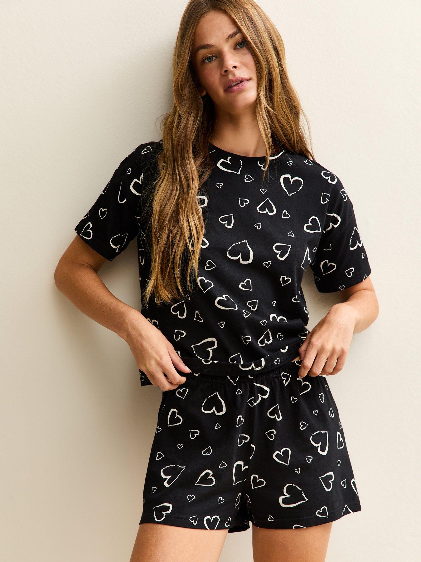  image of new-look-sketchy-heart-pyjama-short-sleeve-and-shorts-pyjama-set-black