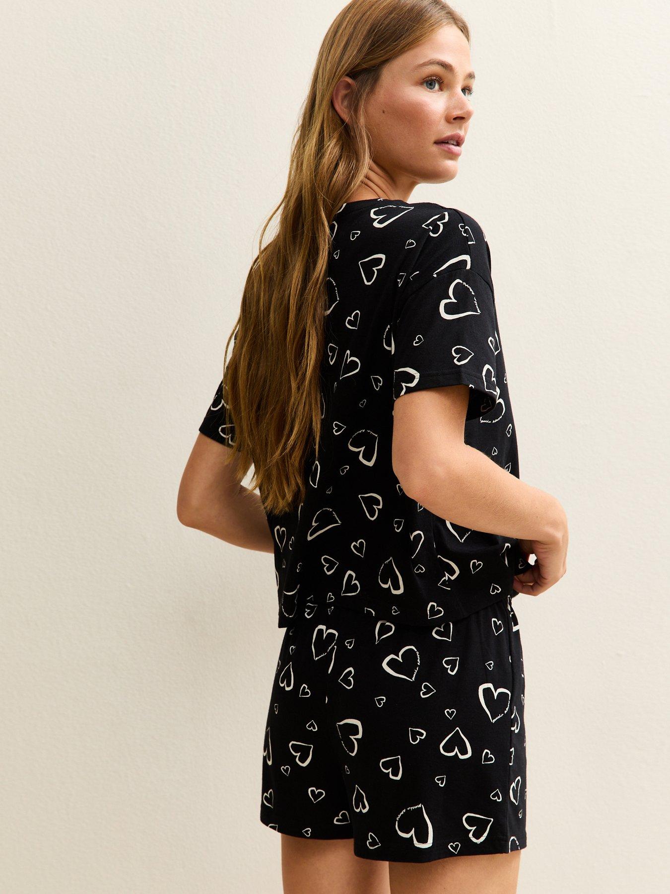  image of new-look-sketchy-heart-pyjama-short-sleeve-and-shorts-pyjama-set-black