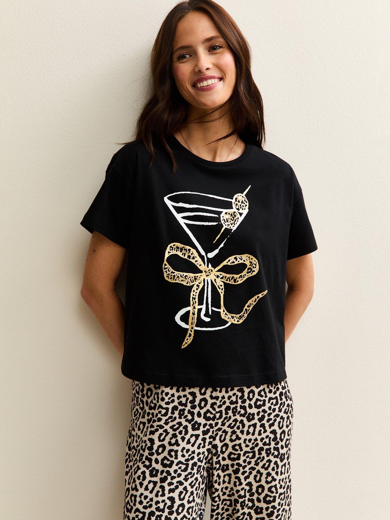 Image 3 of 5 of New Look Leopard Print Martini Glass Pyjama Set - Black