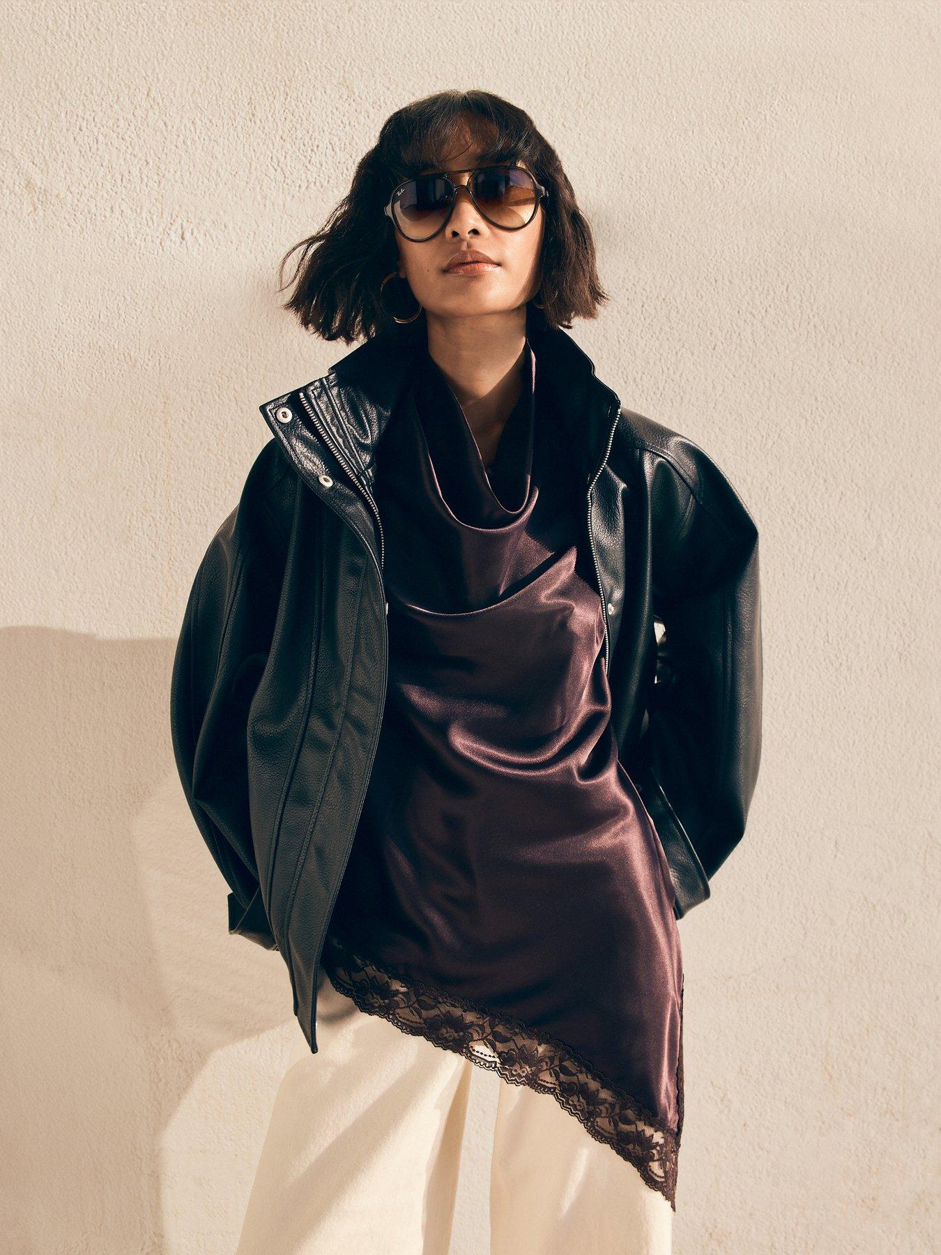 The Very Collection Satin Draped Cowl Neck Asymmetric Blouse - Brown