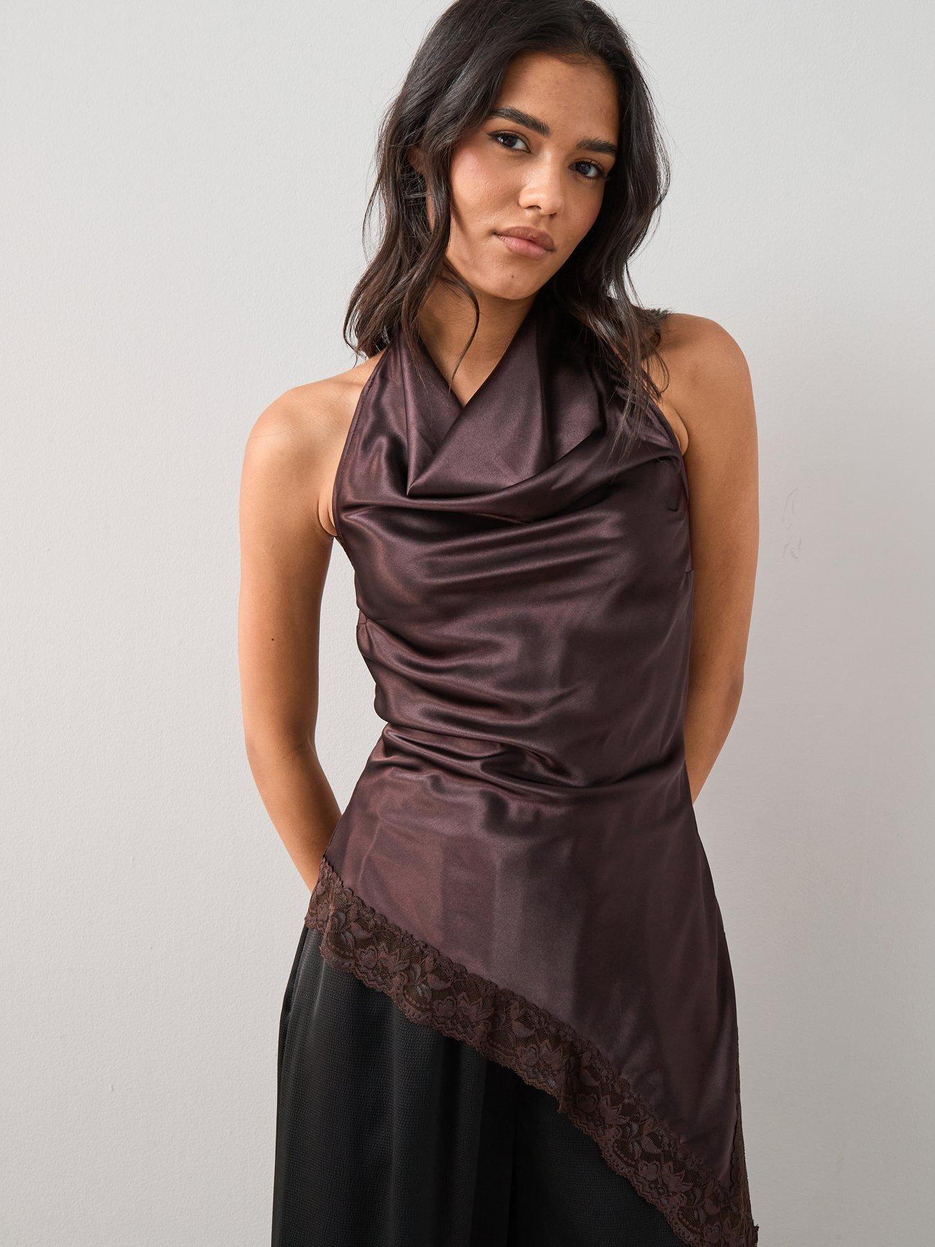 Image 1 of 6 of The Very Collection Satin Draped Cowl Neck Asymmetric Blouse - Brown
