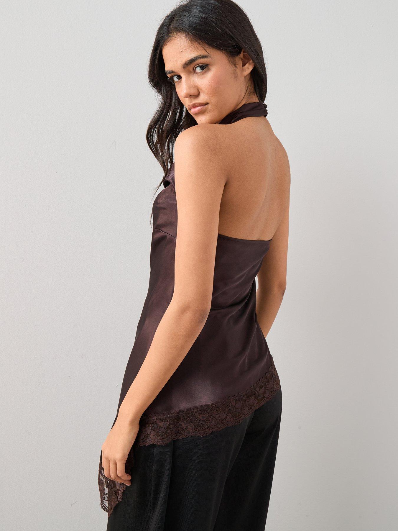 Image 2 of 6 of The Very Collection Satin Draped Cowl Neck Asymmetric Blouse - Brown