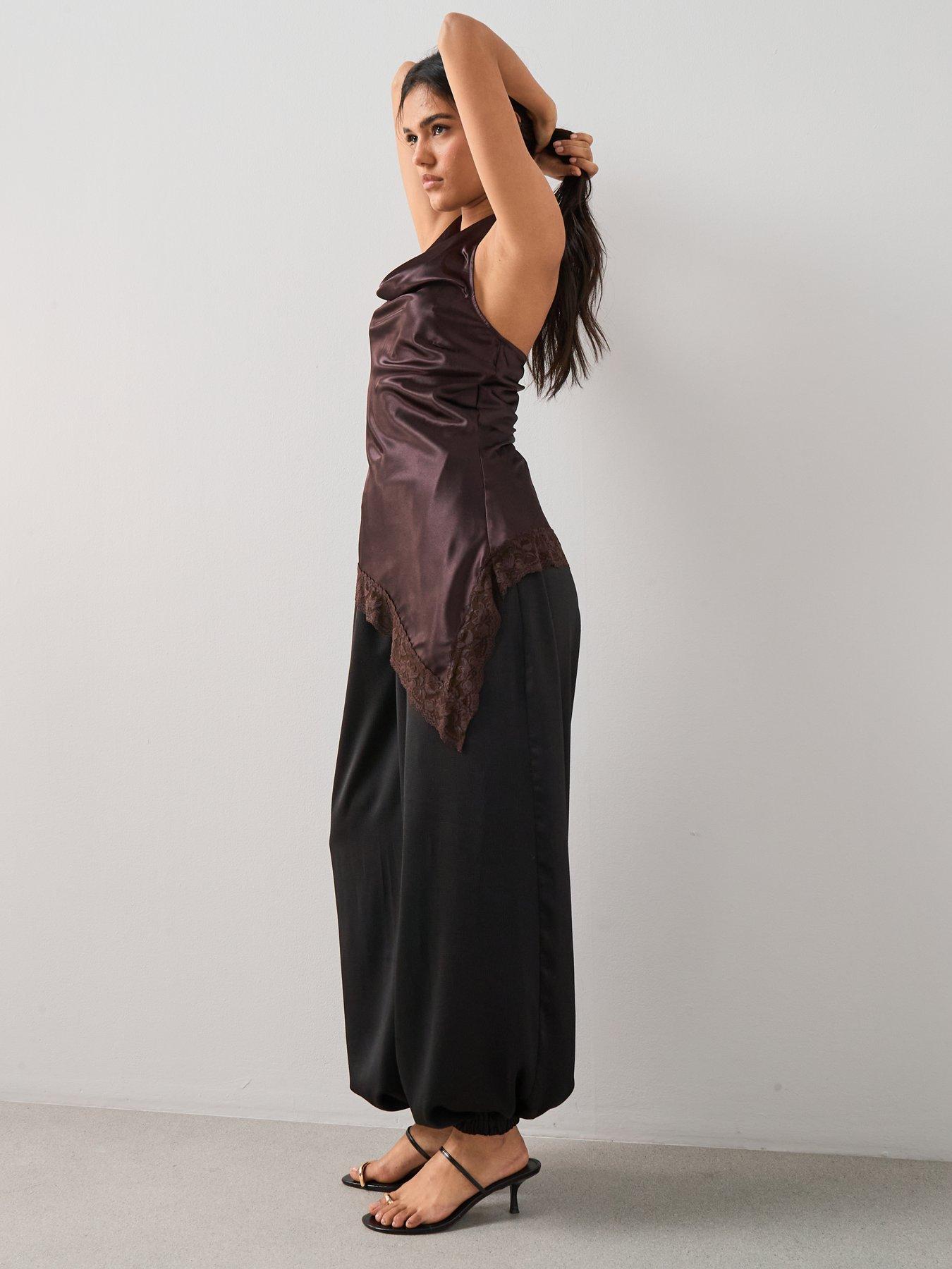 Image 5 of 6 of The Very Collection Satin Draped Cowl Neck Asymmetric Blouse - Brown