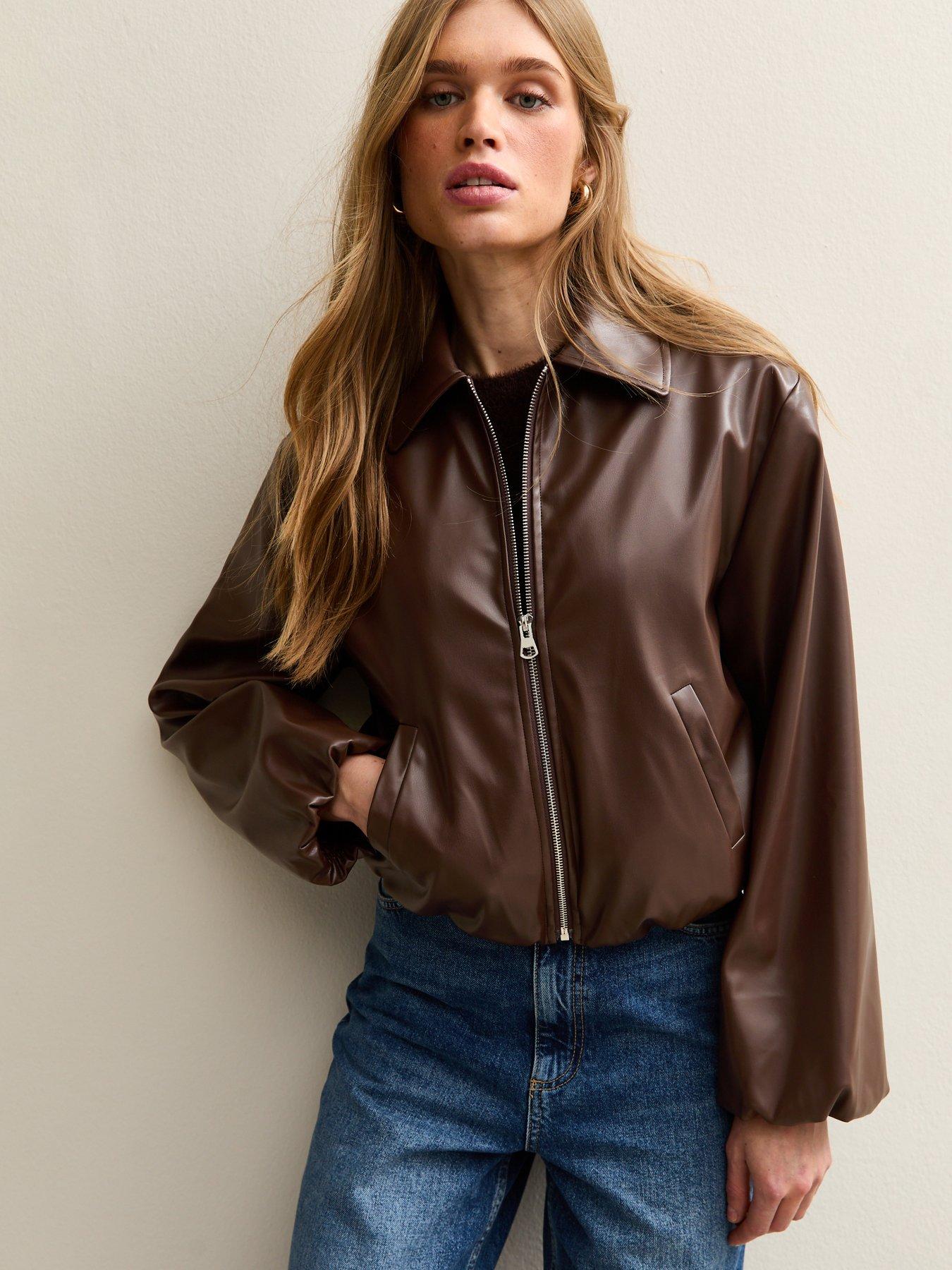 front image of new-look-brown-faux-leather-bubble-hem-jacket