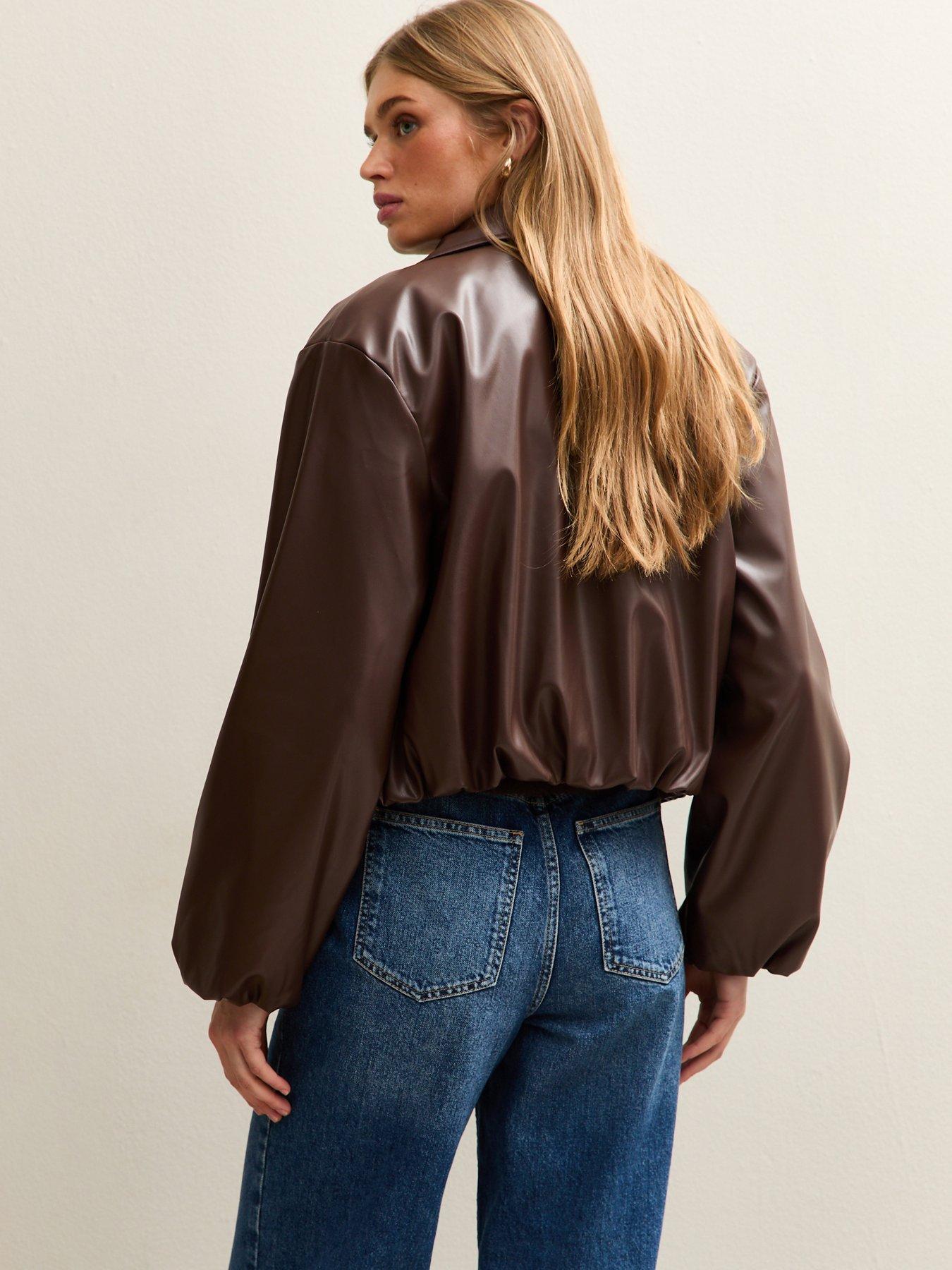  image of new-look-brown-faux-leather-bubble-hem-jacket