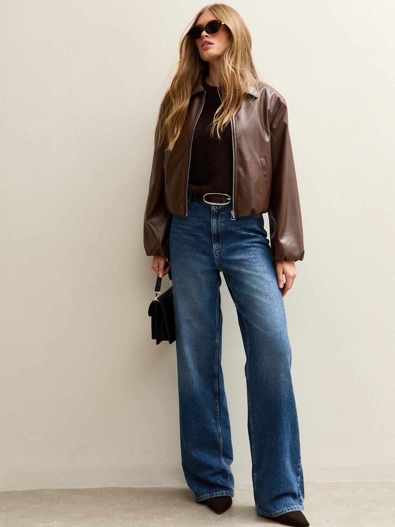  image of new-look-brown-faux-leather-bubble-hem-jacket