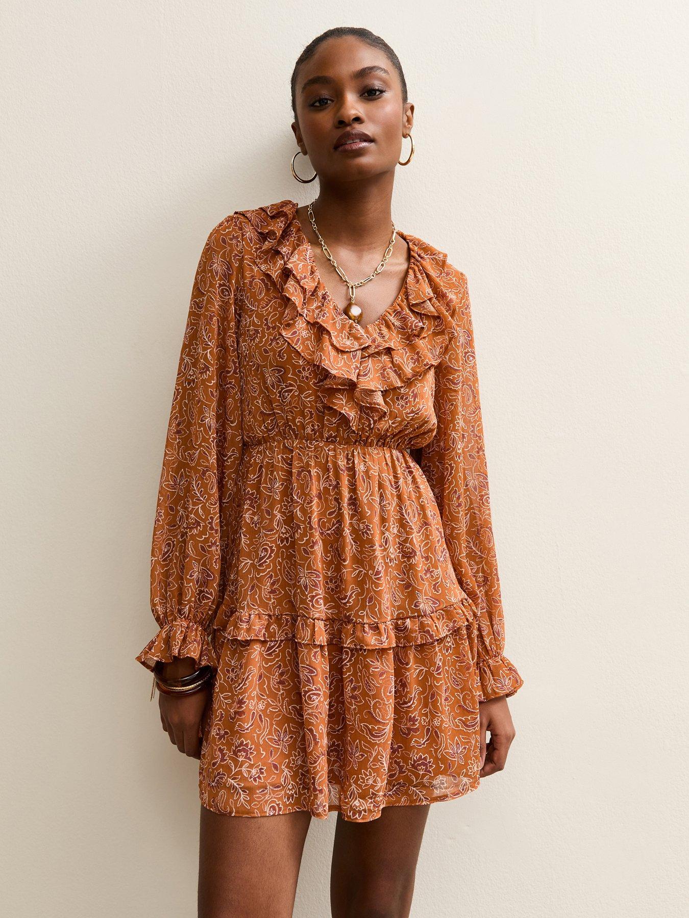 New Look Chiffon Ruffle Paisley Pattern Mini Dress - Orange