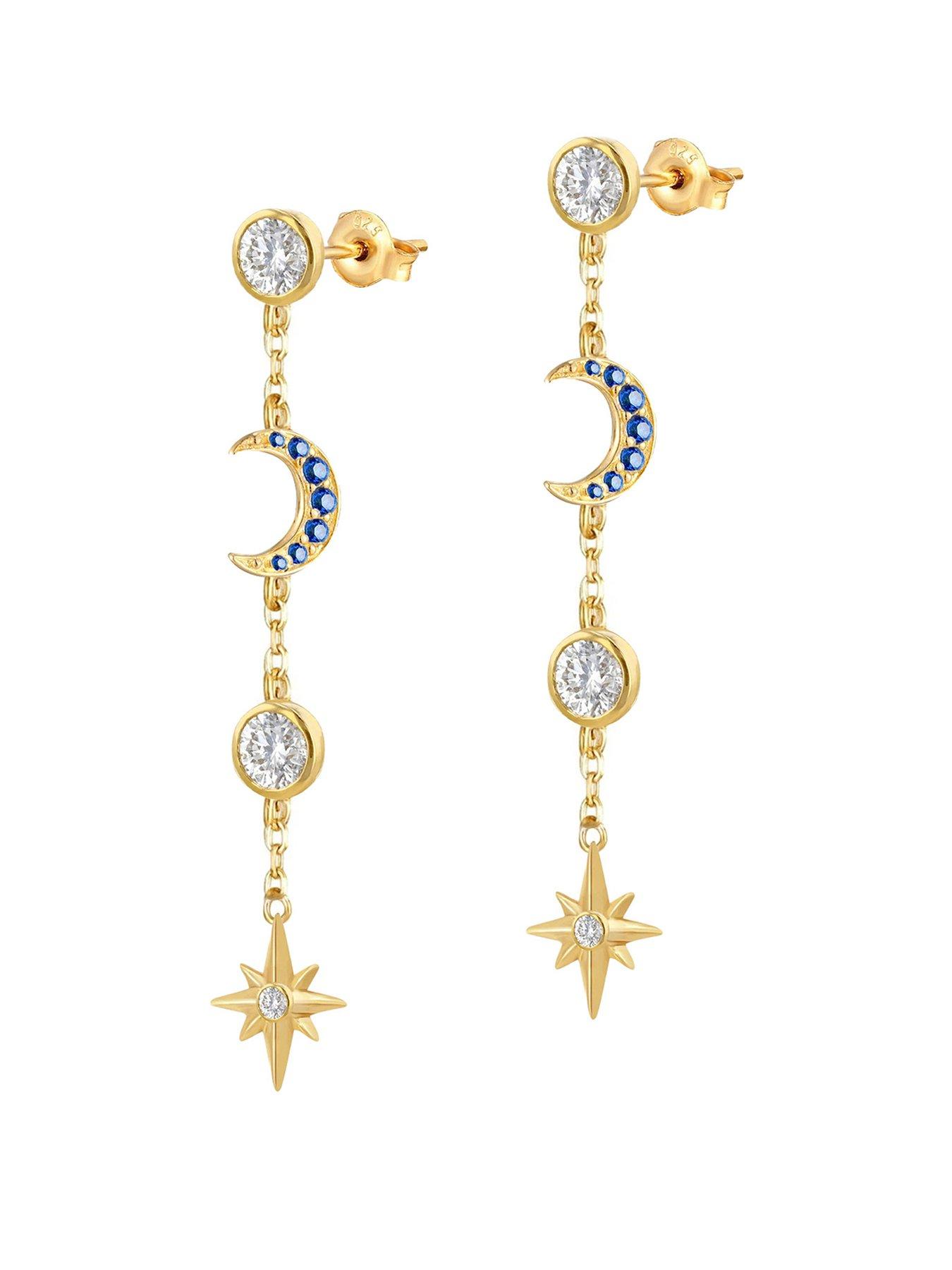 front image of the-love-collection-gold-plated-sterling-silver-celestial-dropper-cz-earrings