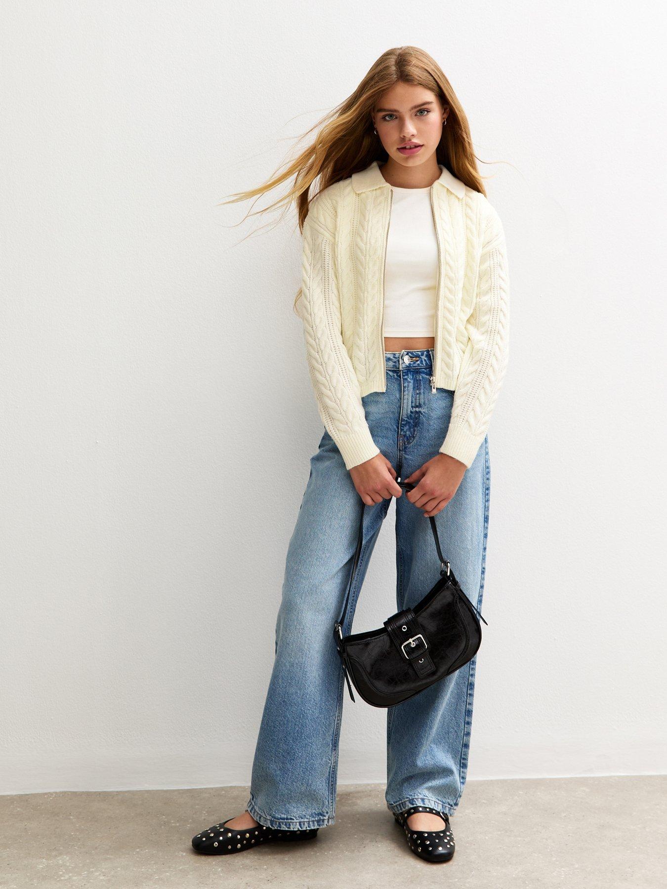  image of new-look-915-girls-cable-knit-zip-through-cardigan-cream