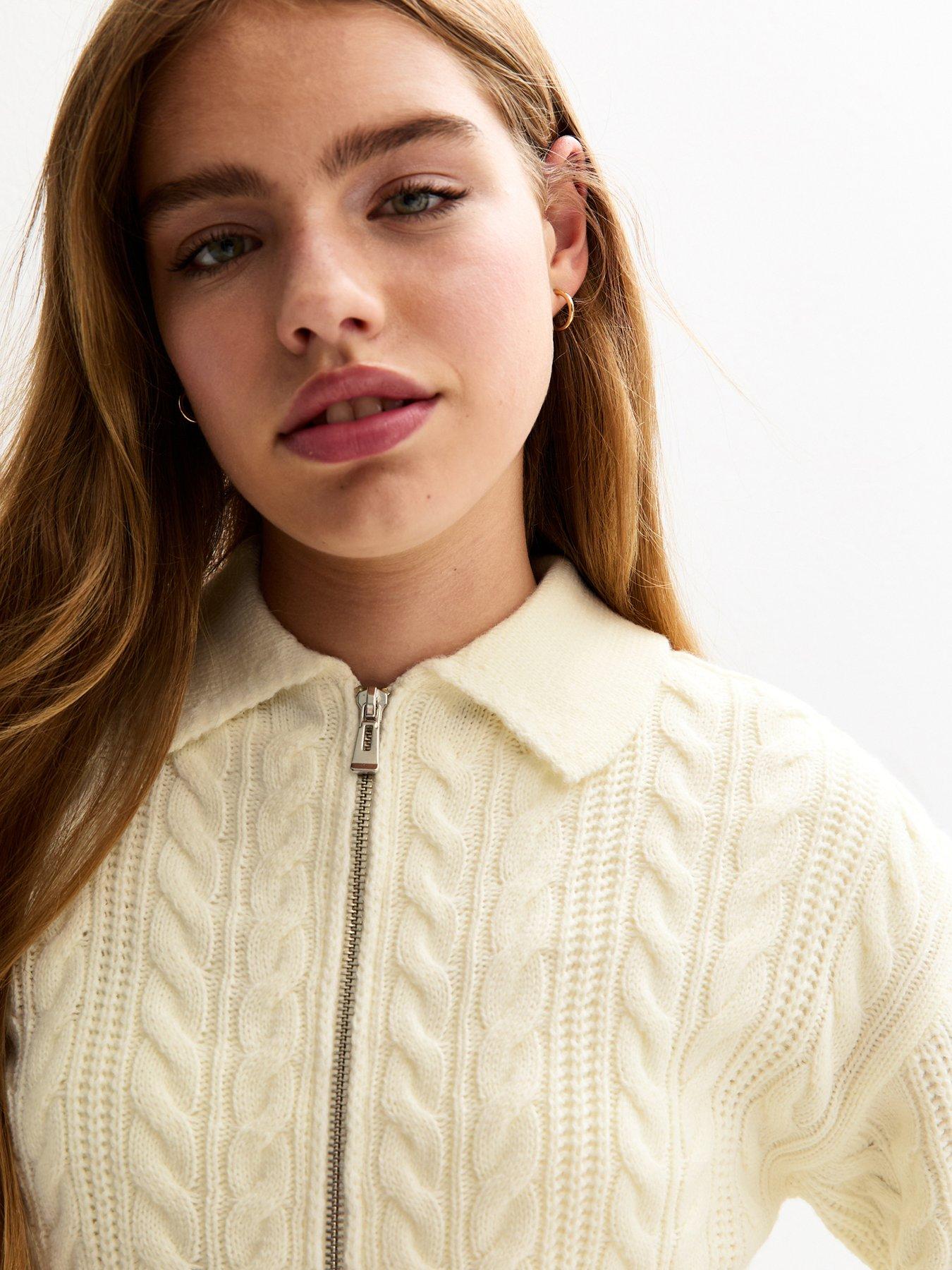  image of new-look-915-girls-cable-knit-zip-through-cardigan-cream