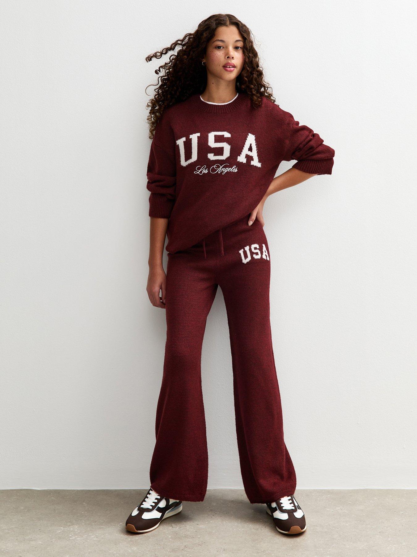 New Look 915 Girls Usa Slogan Wide Leg Knitted Trousers - Burgundy