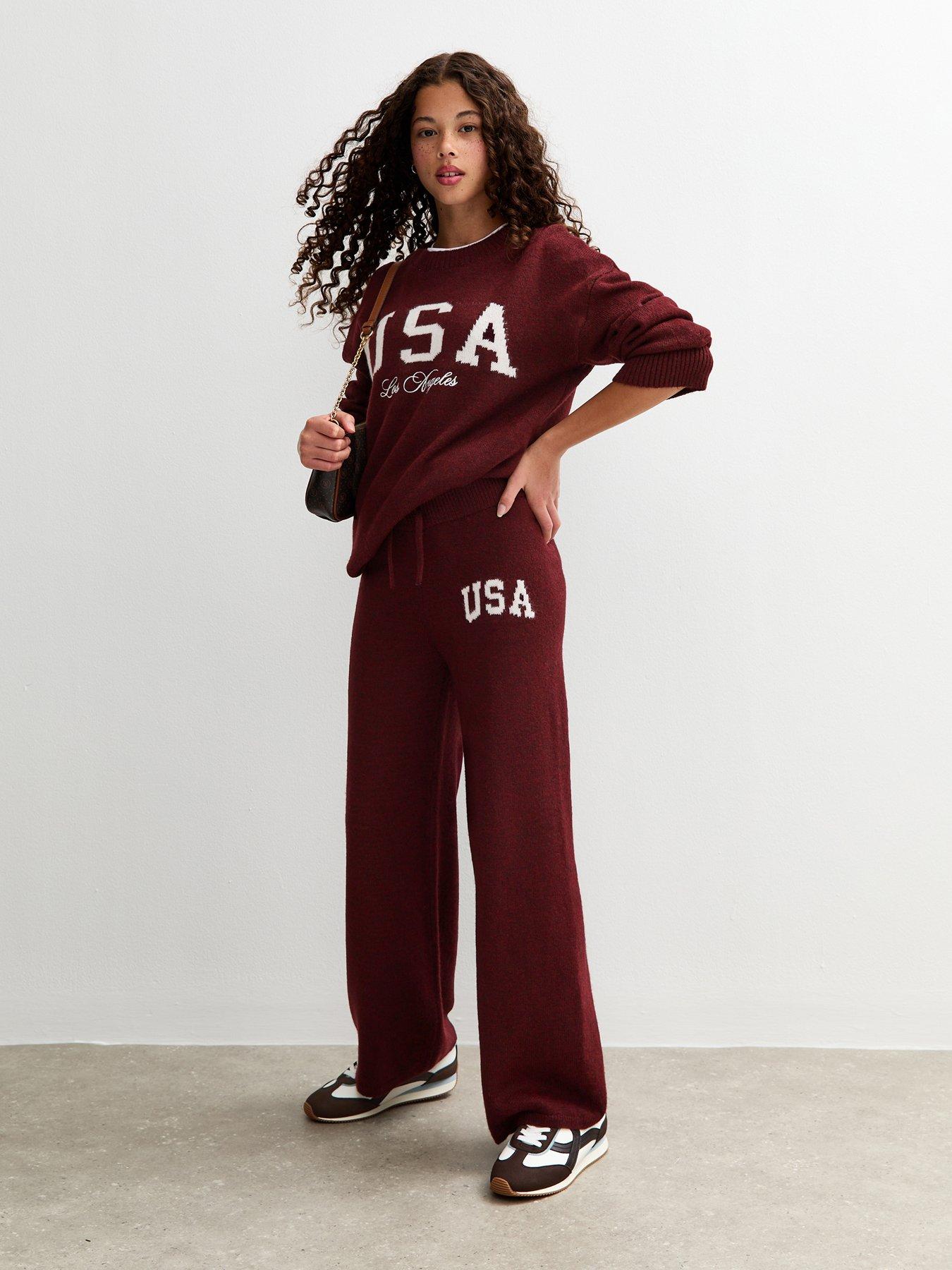  image of new-look-915-girls-usa-slogan-wide-leg-knitted-trousers-burgundy