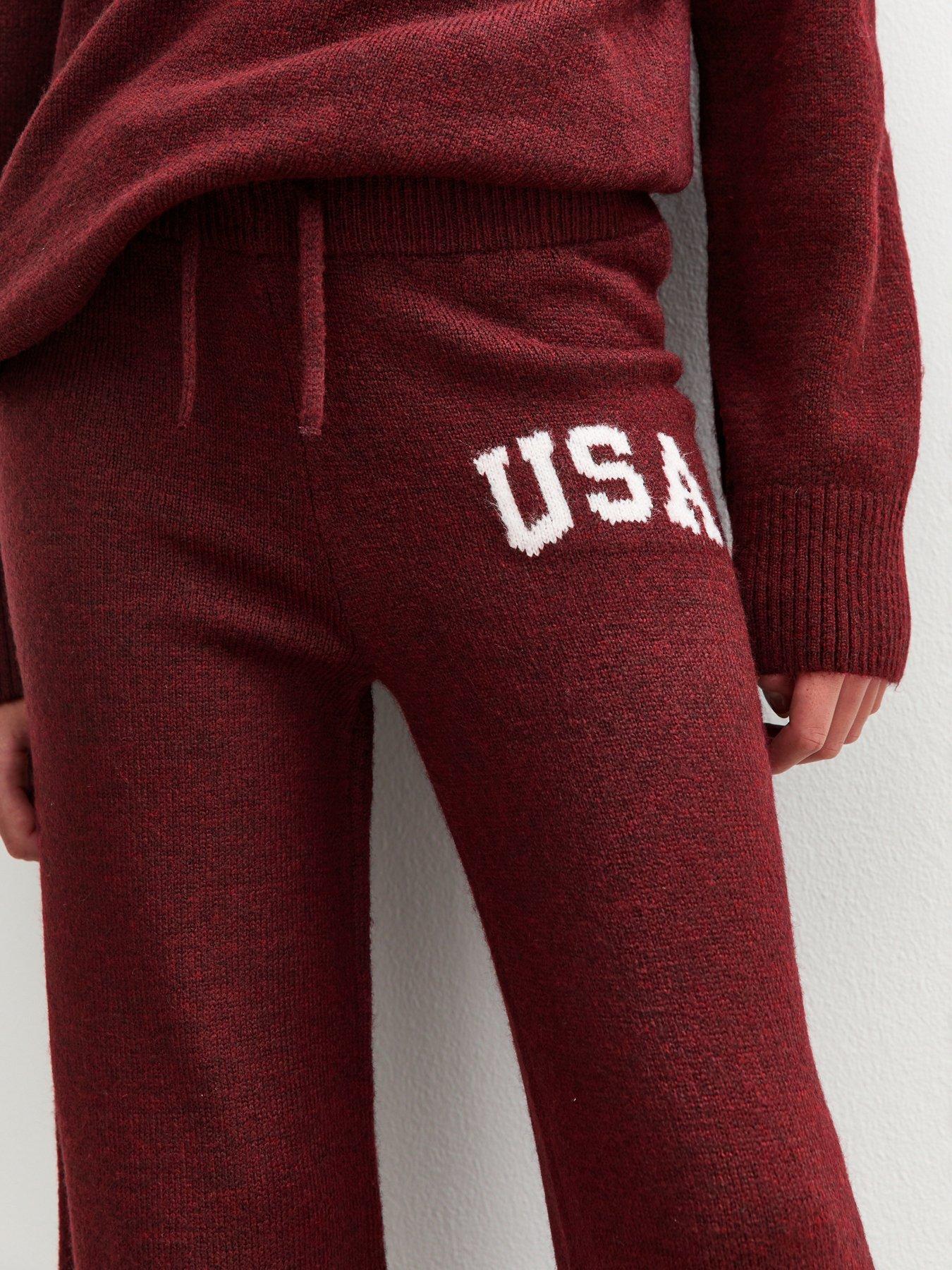  image of new-look-915-girls-usa-slogan-wide-leg-knitted-trousers-burgundy