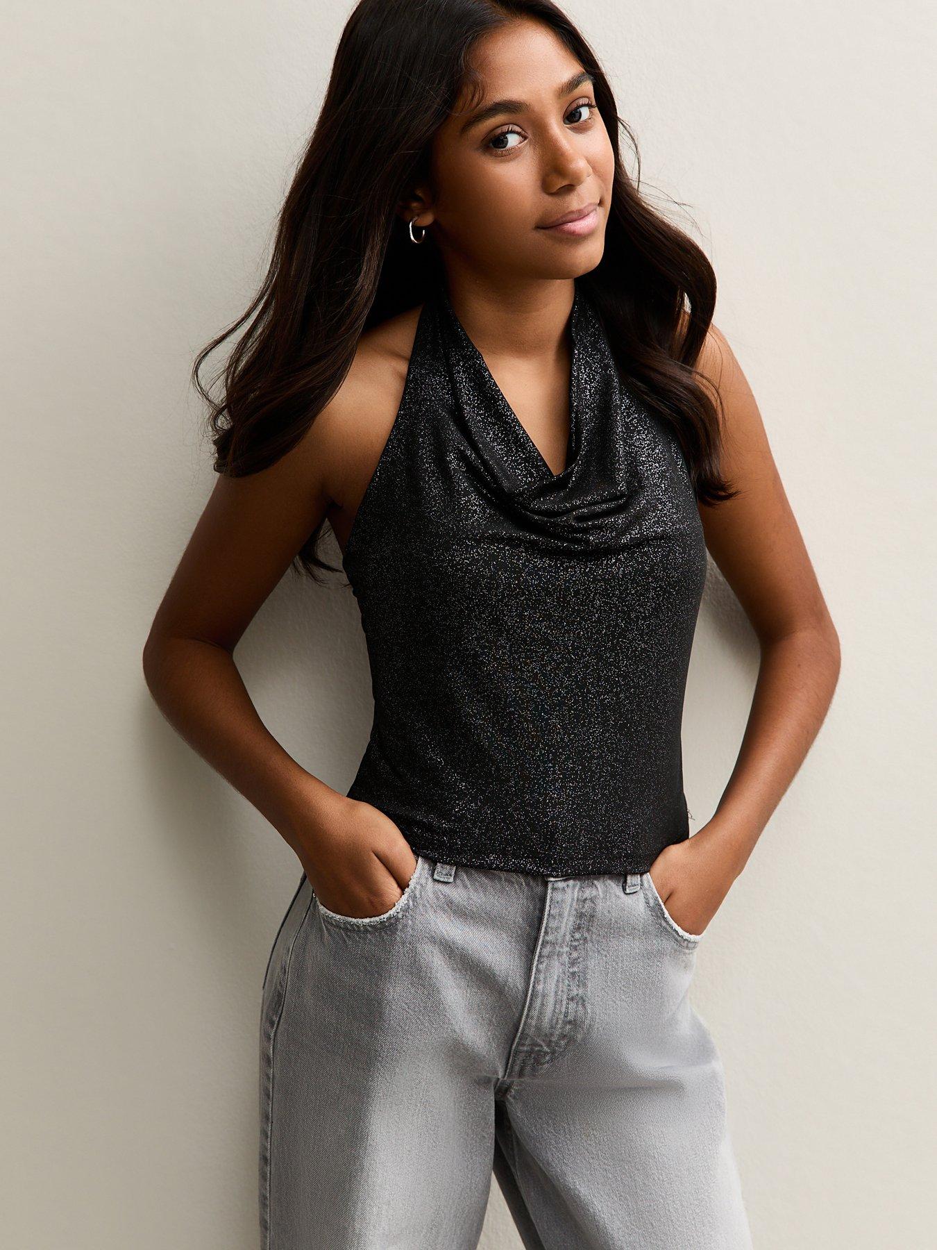 front image of new-look-915-girls-sparkly-cowl-neck-top-black