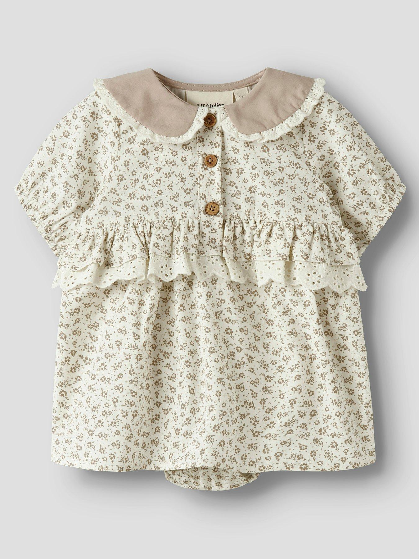 Lil Atelier Baby Girls Floral Collared Short Sleeve Body Dress - Cream