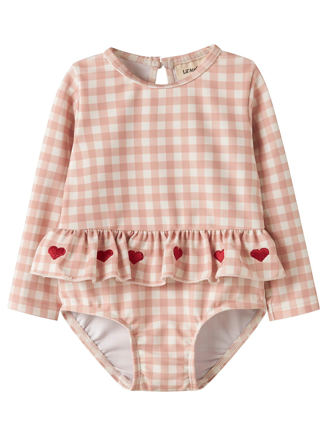 Lil Atelier Baby Girls Long Sleeve Gingham Heart Swimsuit - Pink