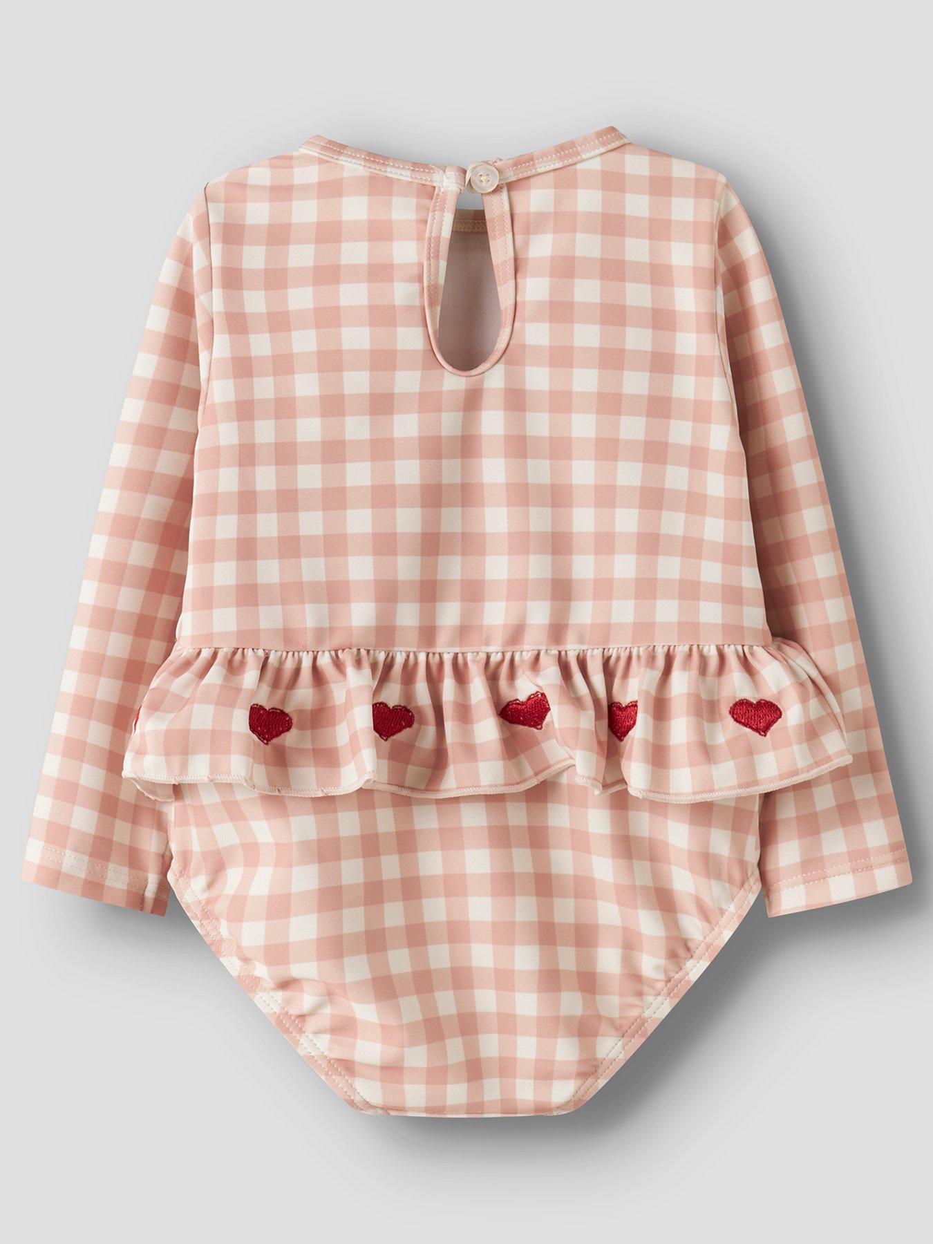 Image 2 of 3 of Lil Atelier Baby Girls Long Sleeve Gingham Heart Swimsuit - Pink