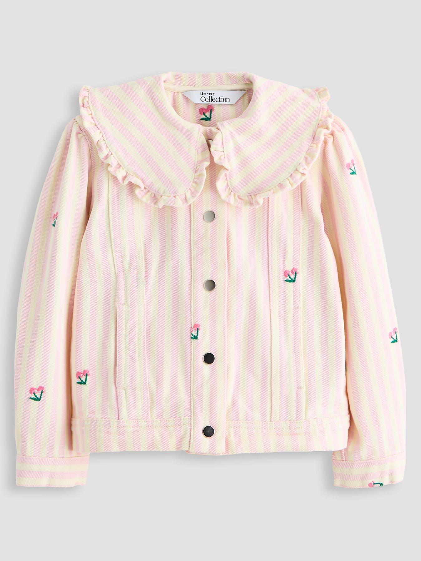 The Very Collection Girls Embroidered Stripe Flower Denim Jacket - Light Pink