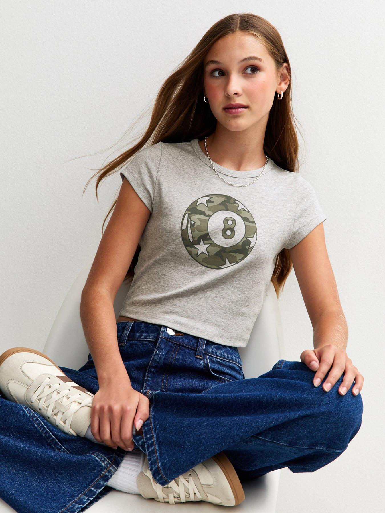 front image of new-look-915-girls-eight-ball-print-t-shirt-gey
