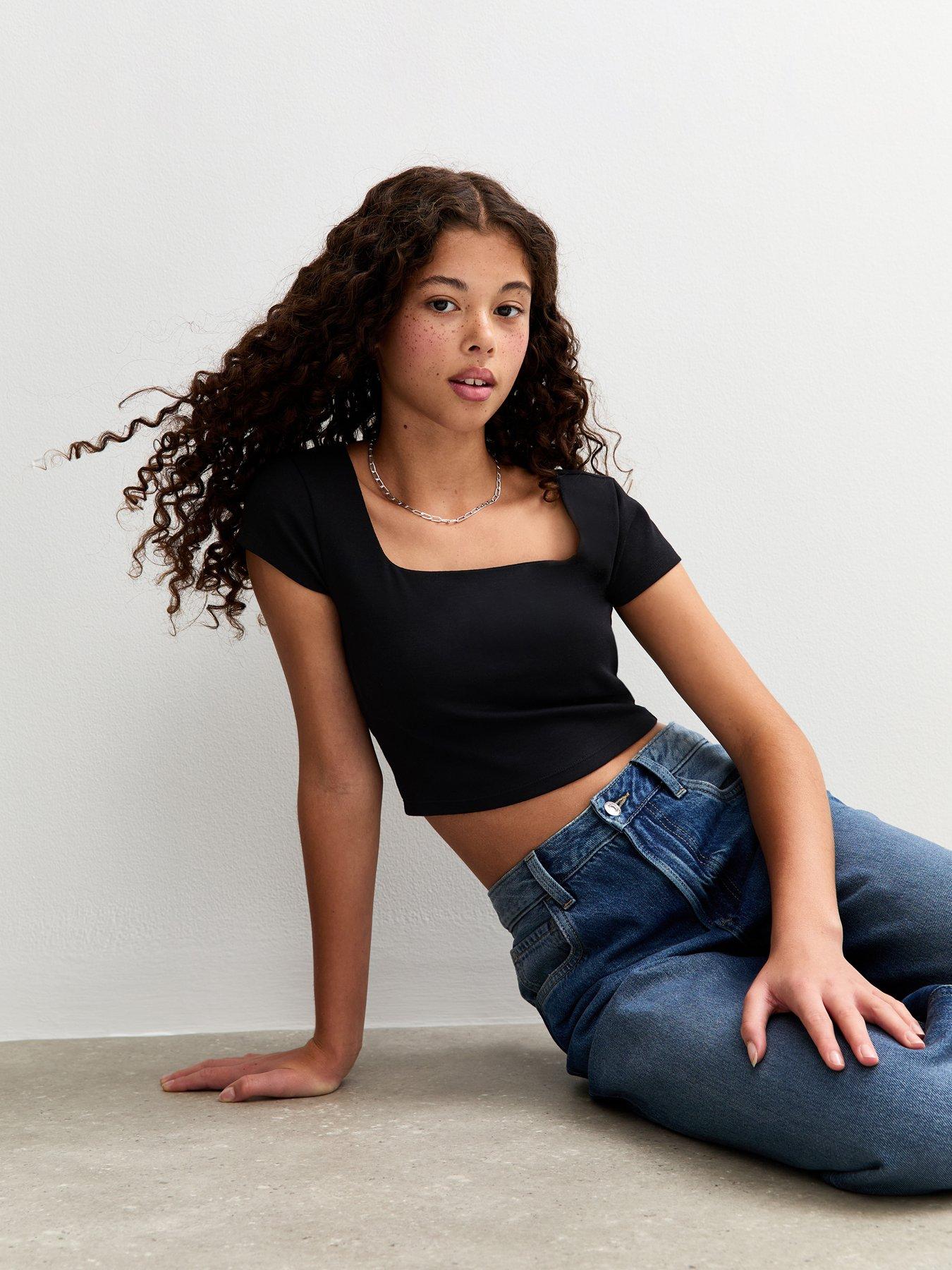 front image of new-look-915-girlsnbspsquare-neck-t-shirt-black