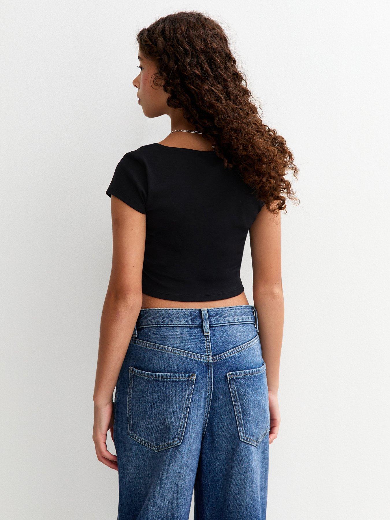  image of new-look-915-girlsnbspsquare-neck-t-shirt-black