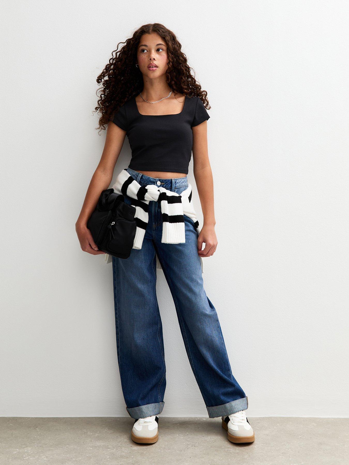  image of new-look-915-girlsnbspsquare-neck-t-shirt-black