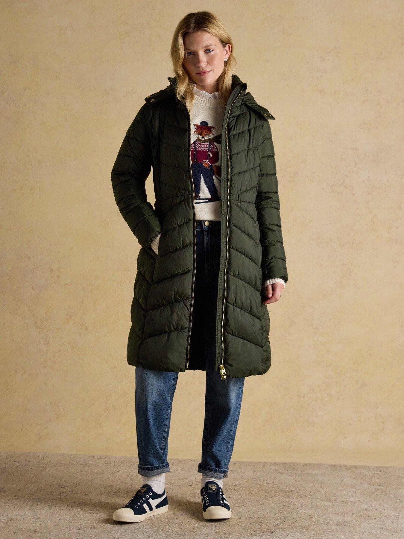  image of joules-pembury-showerproof-longline-padded-coat-with-hood-khaki-green
