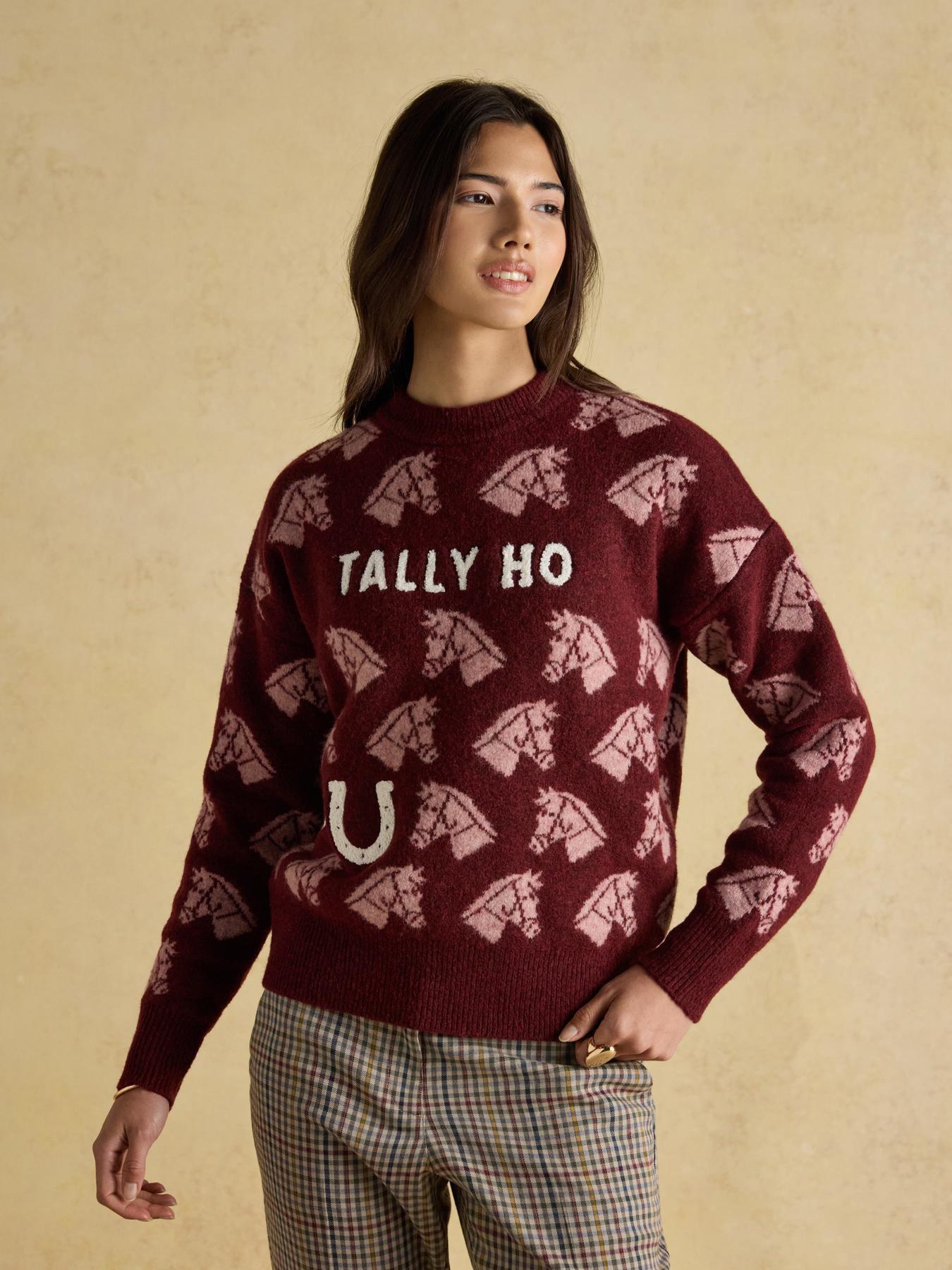 Joules Intarsia Knitted Burgundy Tally Ho Jumper with Crew Neck - Red