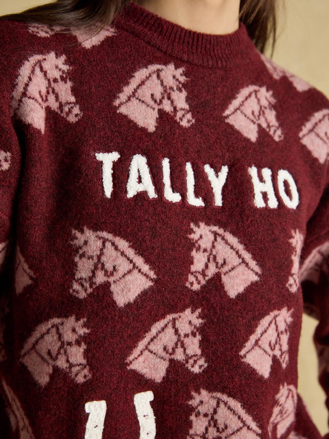  image of joules-intarsia-knitted-burgundy-tally-ho-jumper-with-crew-neck-red