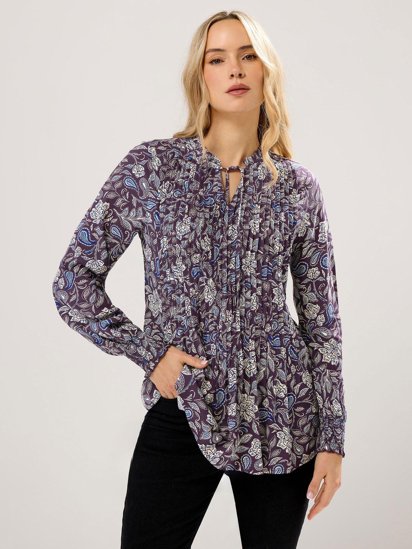  image of long-tall-sally-floral-pintuck-printed-top-purple