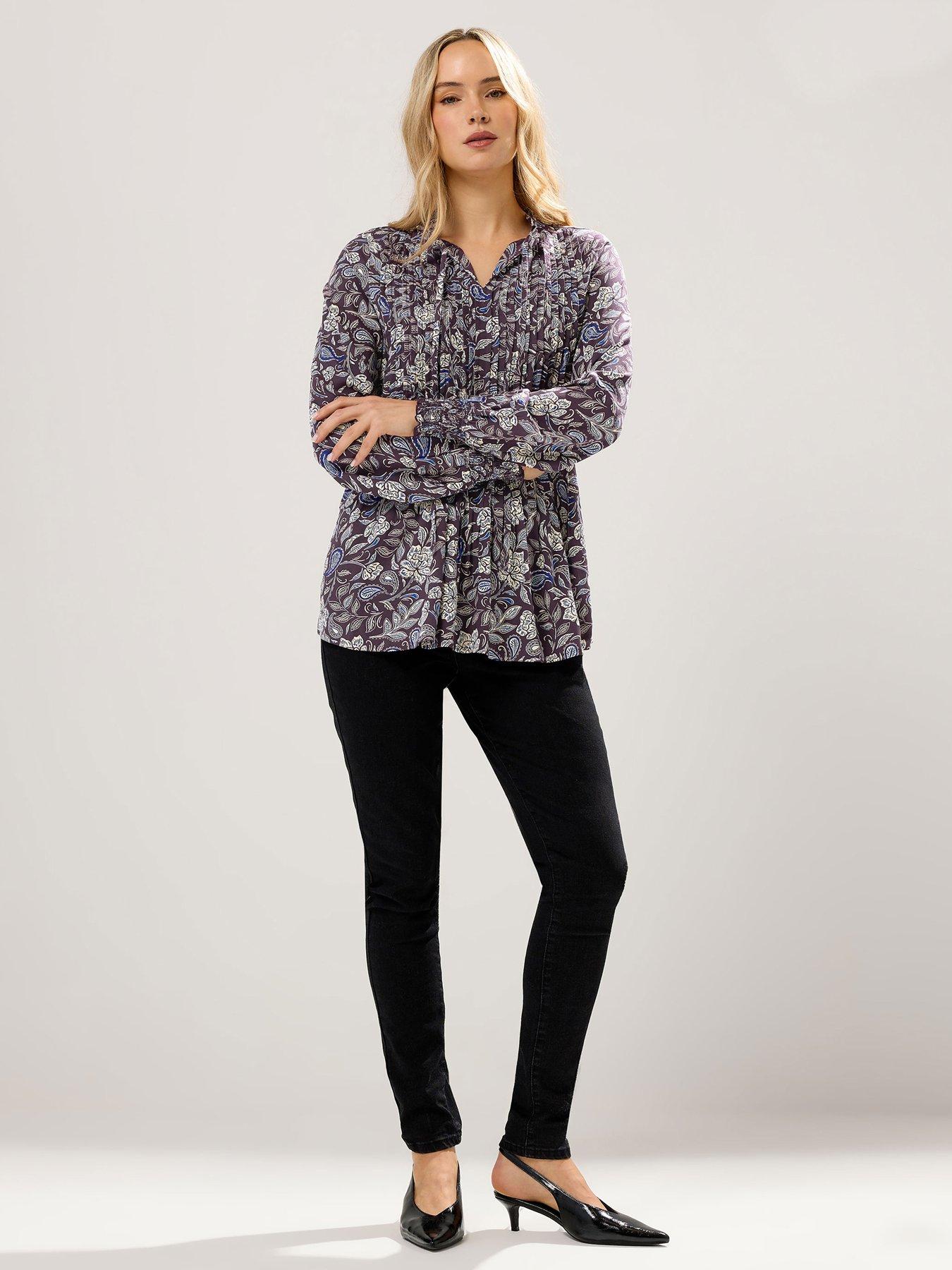  image of long-tall-sally-floral-pintuck-printed-top-purple