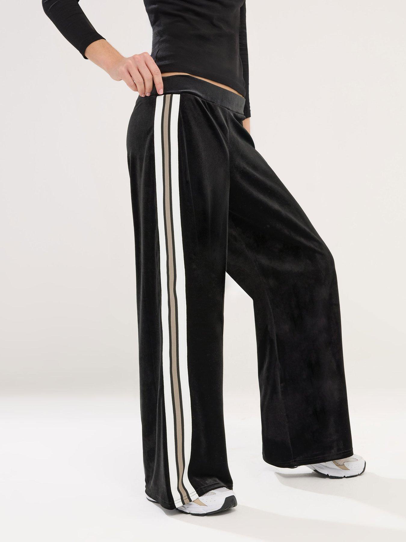 Image 1 of 5 of PixieGirl Petite Velour Side Stripe Wide Leg Trouser - Black
