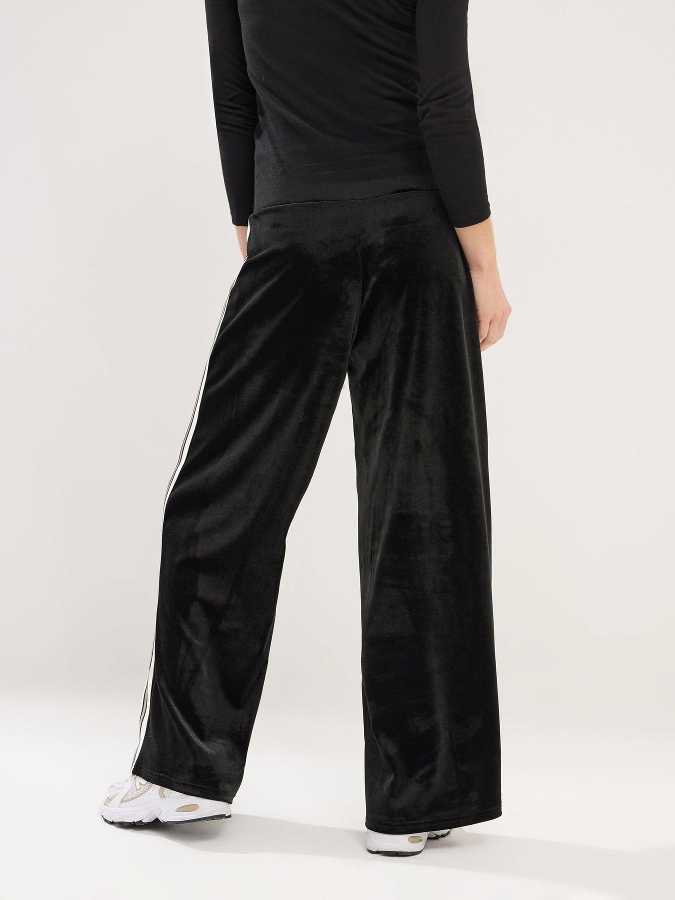  image of pixiegirl-petite-velour-side-stripe-wide-leg-trouser-black