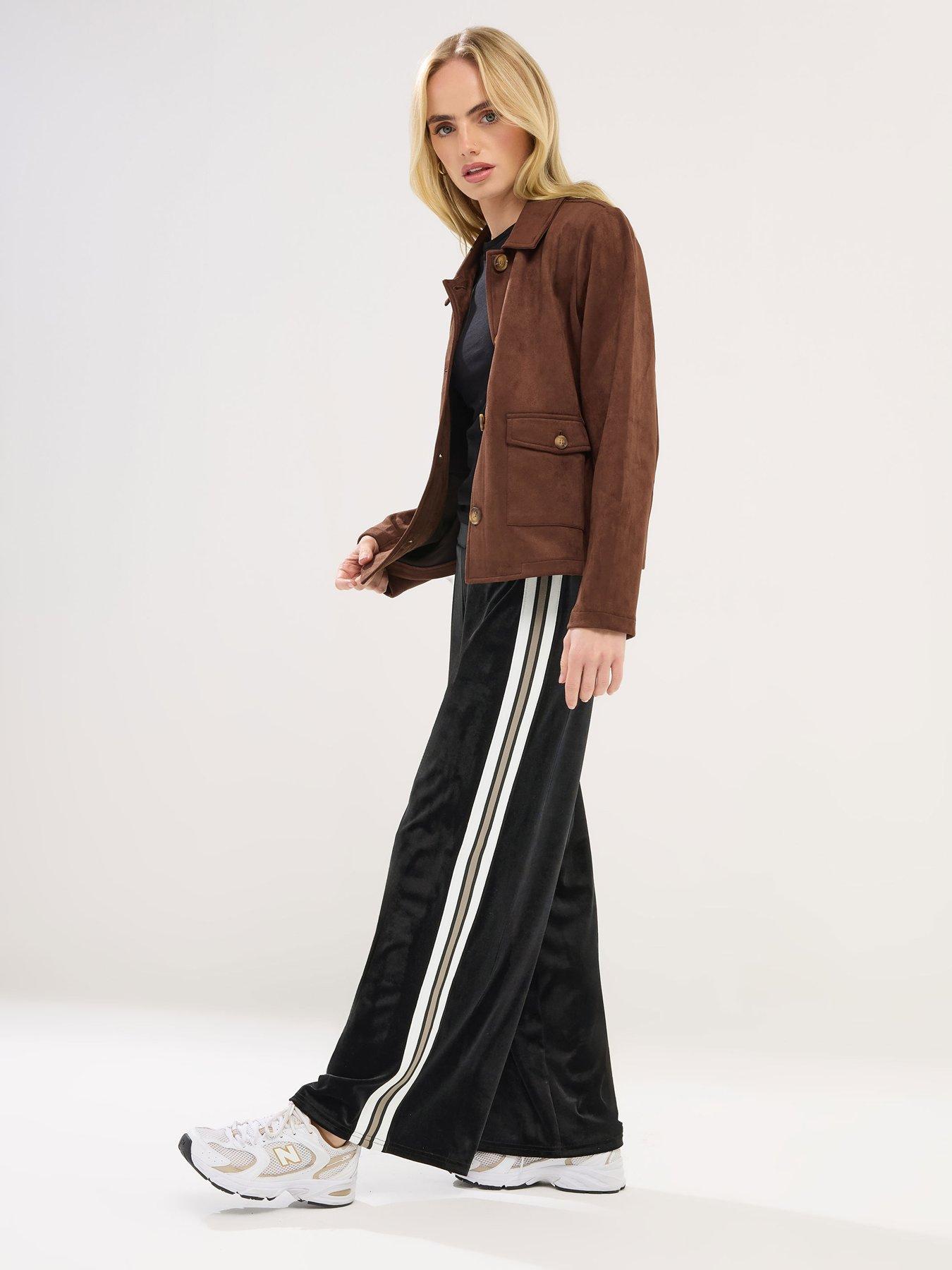 Image 3 of 5 of PixieGirl Petite Velour Side Stripe Wide Leg Trouser - Black