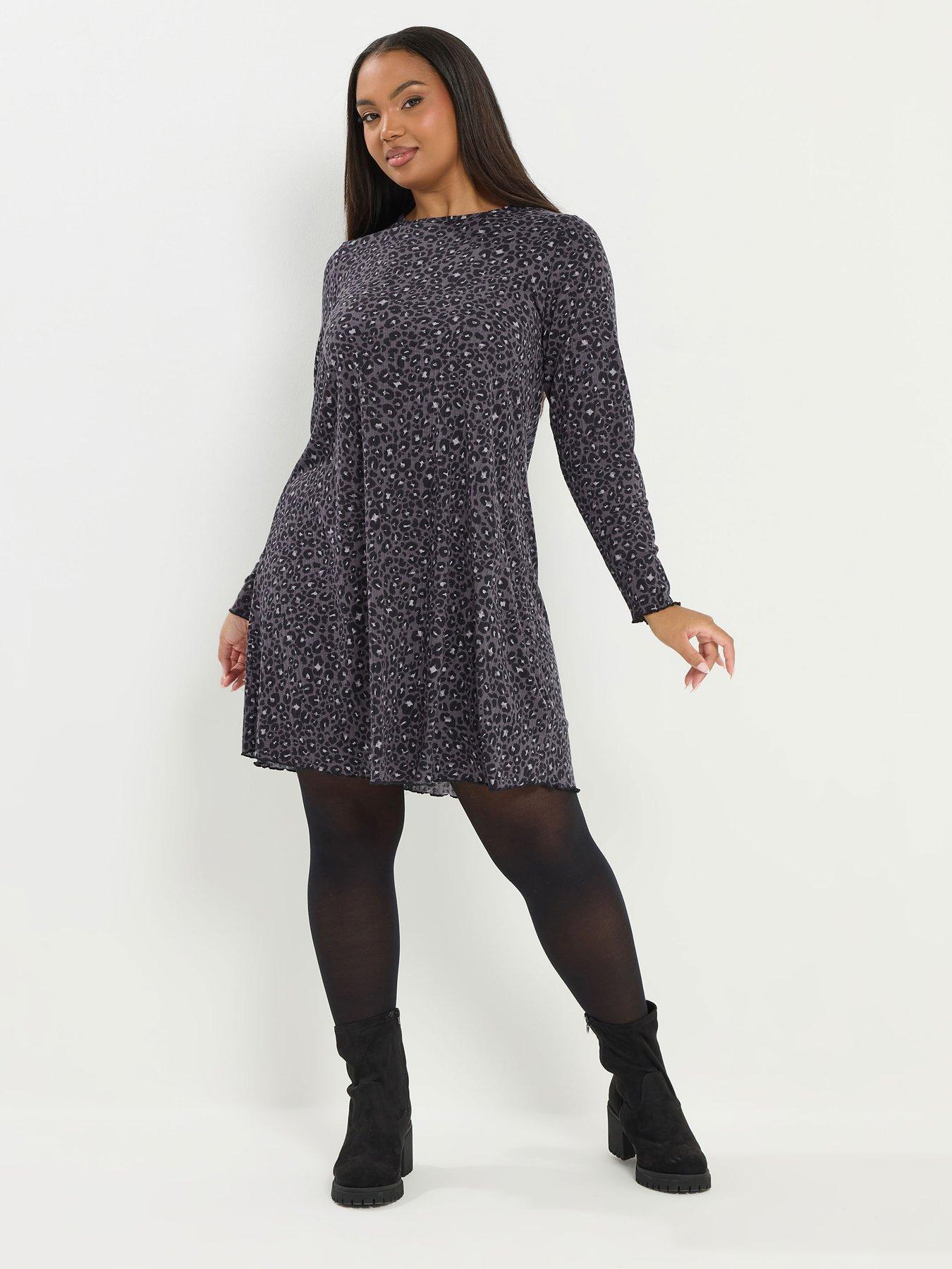  image of yours-curve-printed-rib-tunic-dress-grey