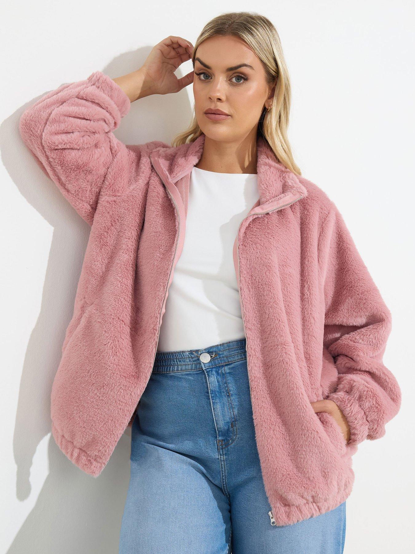 Yours Curve Faux Fur Funnel Neck Zip Thru Jacket - Pink