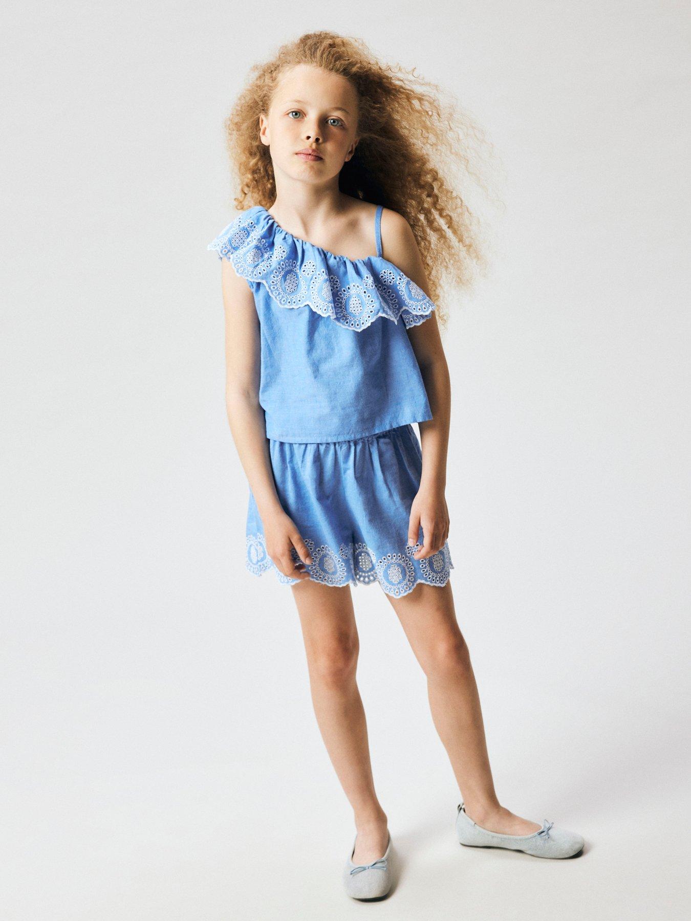 Name It Girls One Shoulder Chambray Embroidered Co-ord Blouse - Blue