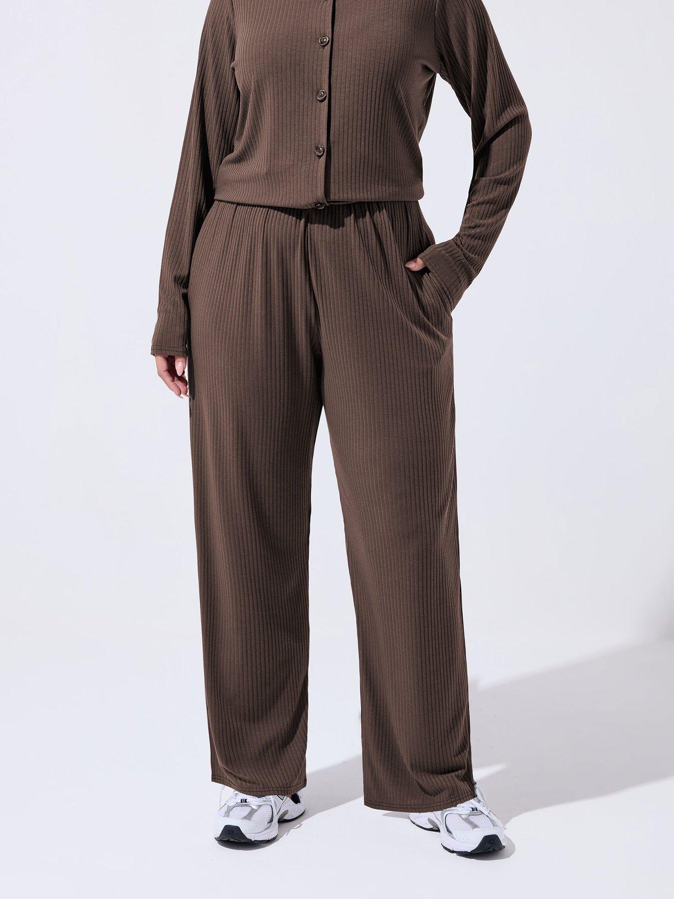 front image of yours-curve-wide-leg-lounge-trouser-brown