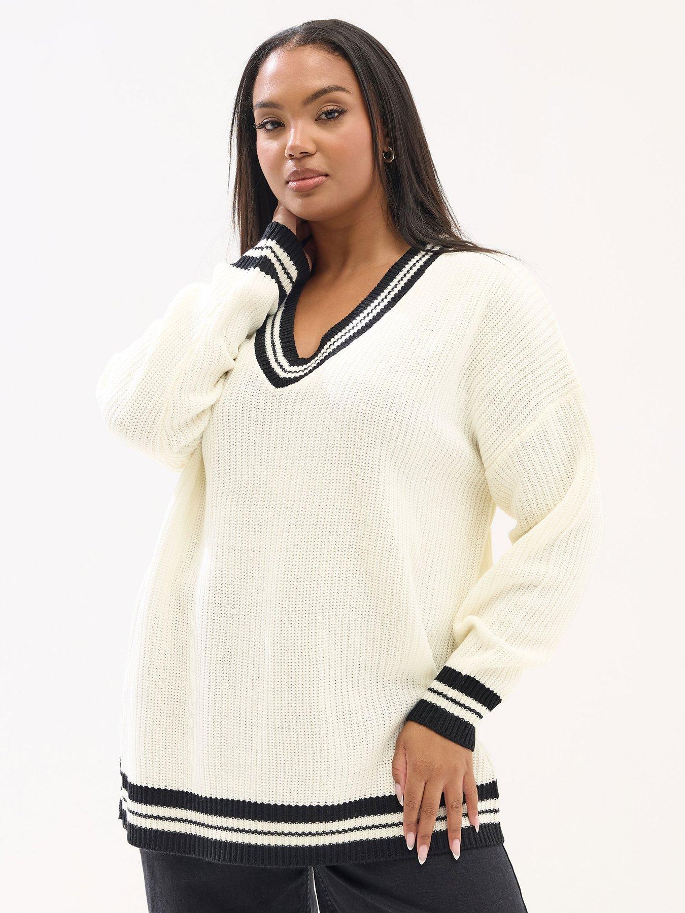 front image of yours-curve-v-neck-contrast-knit-jumper-ivory