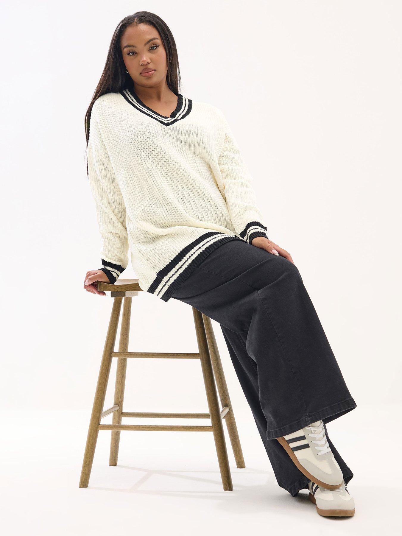  image of yours-curve-v-neck-contrast-knit-jumper-ivory
