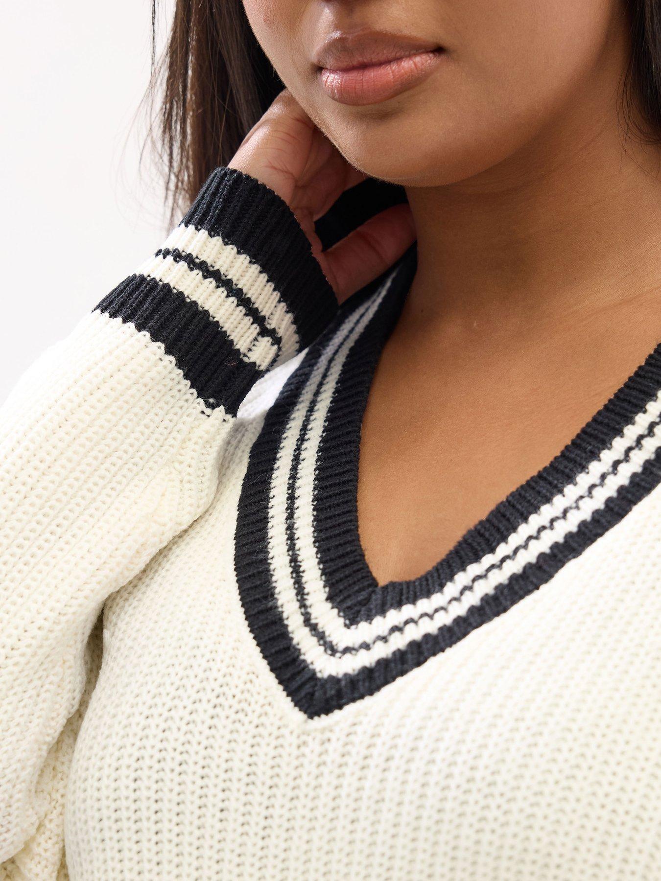  image of yours-curve-v-neck-contrast-knit-jumper-ivory