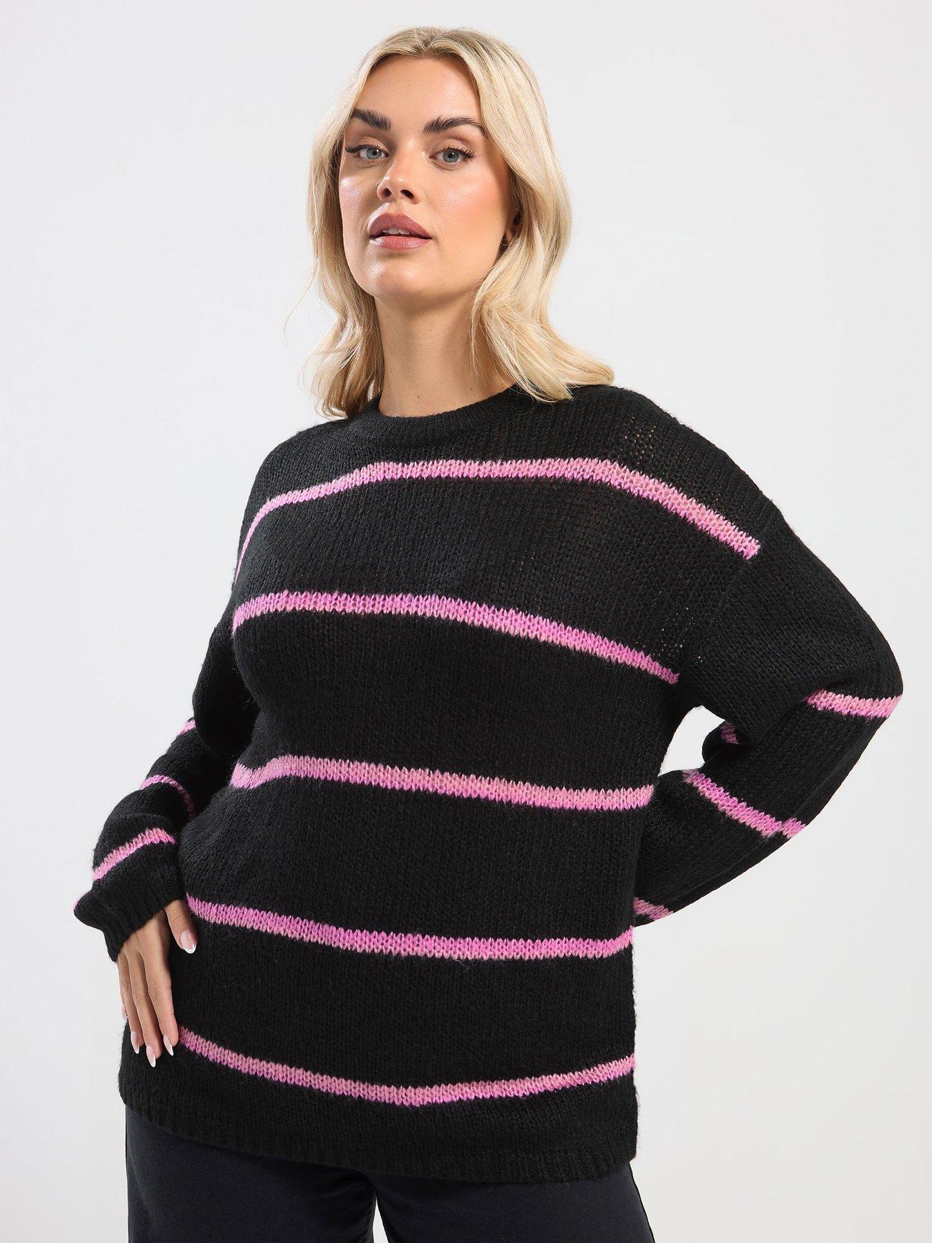 front image of yours-curve-yarn-stripe-jumper-black