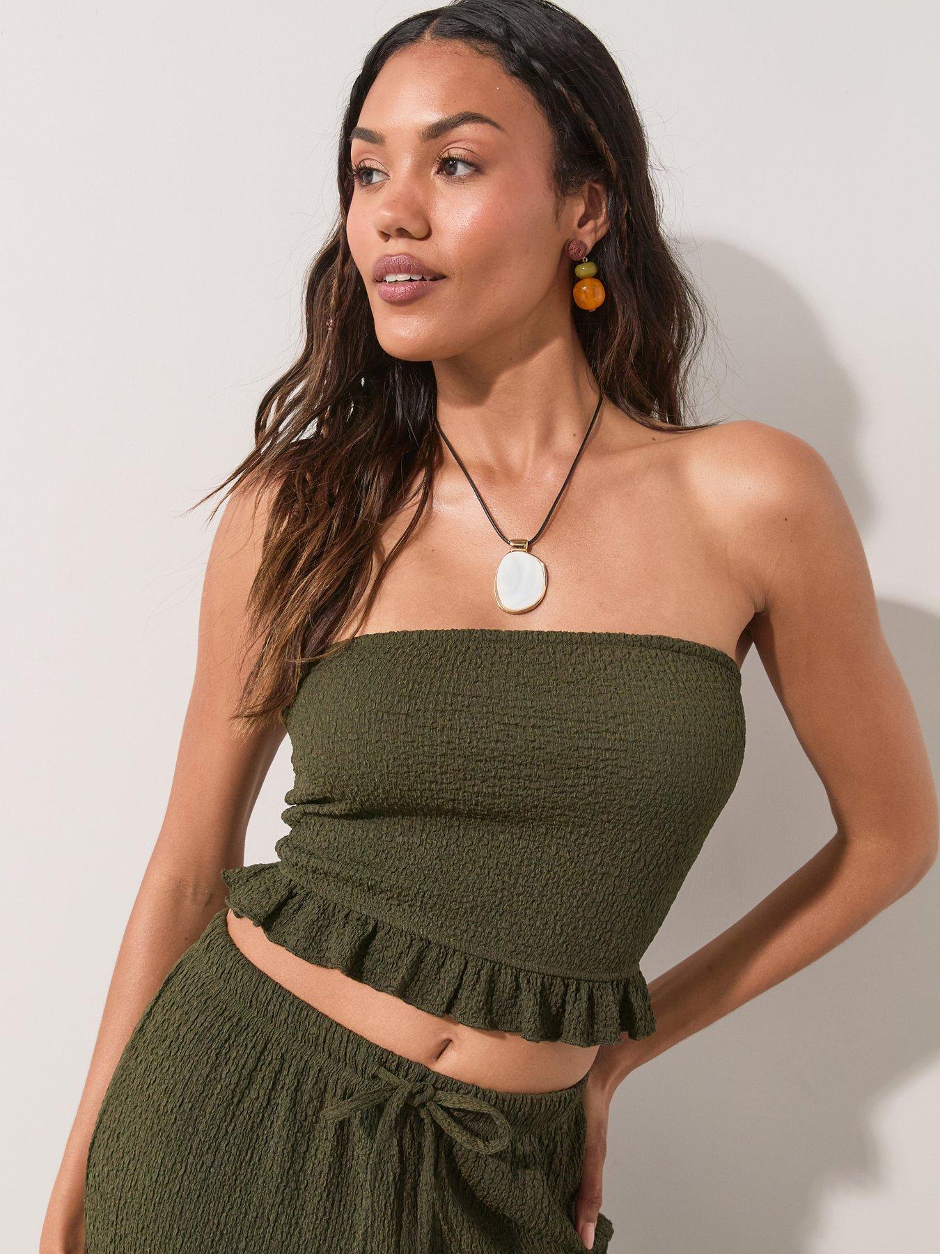 The Very Collection Crinkle Co Ord Bandeau Top - Khaki